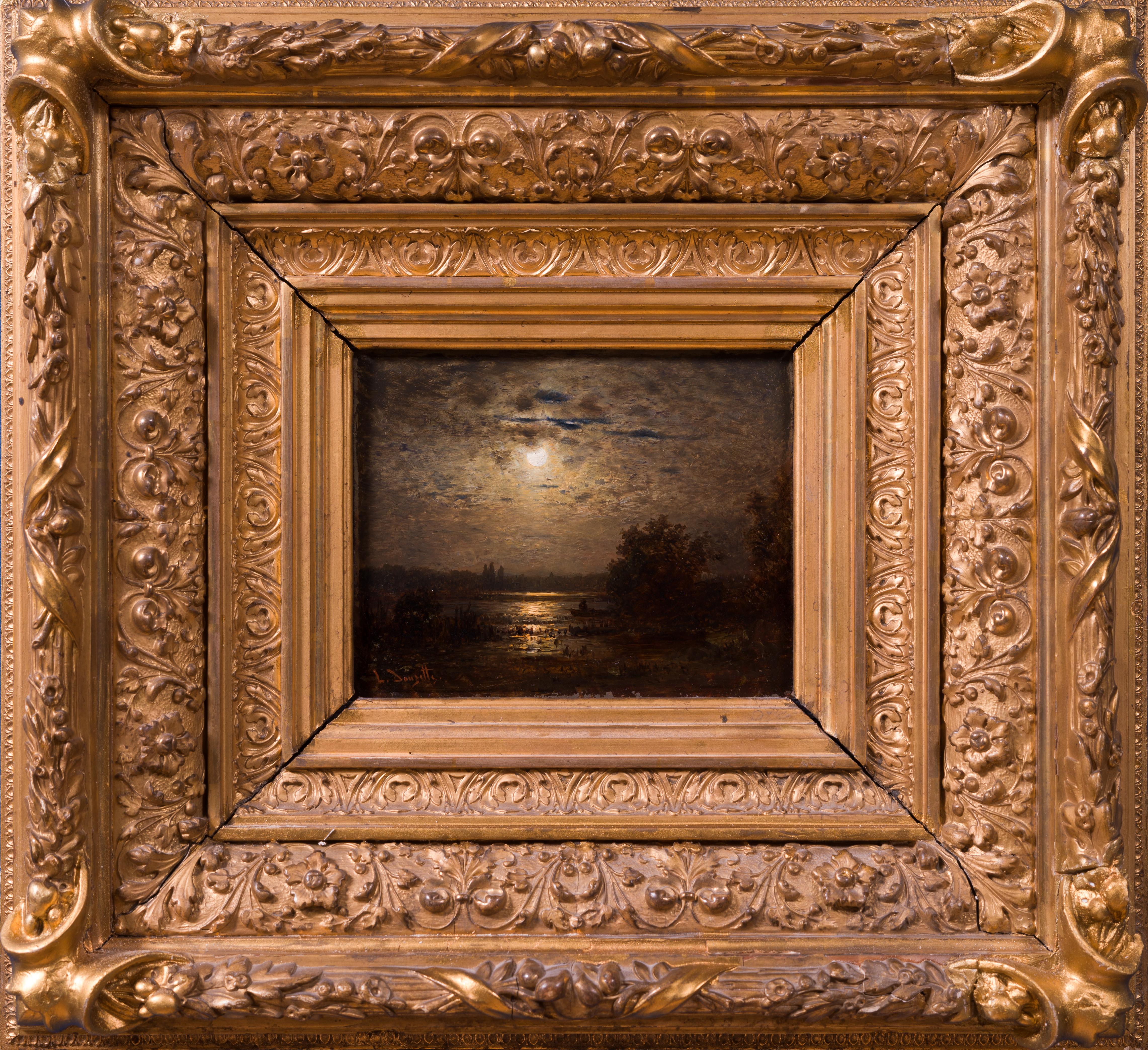 19th Century Moonlit Landscape with Rowboat, Oil on Wood Panel