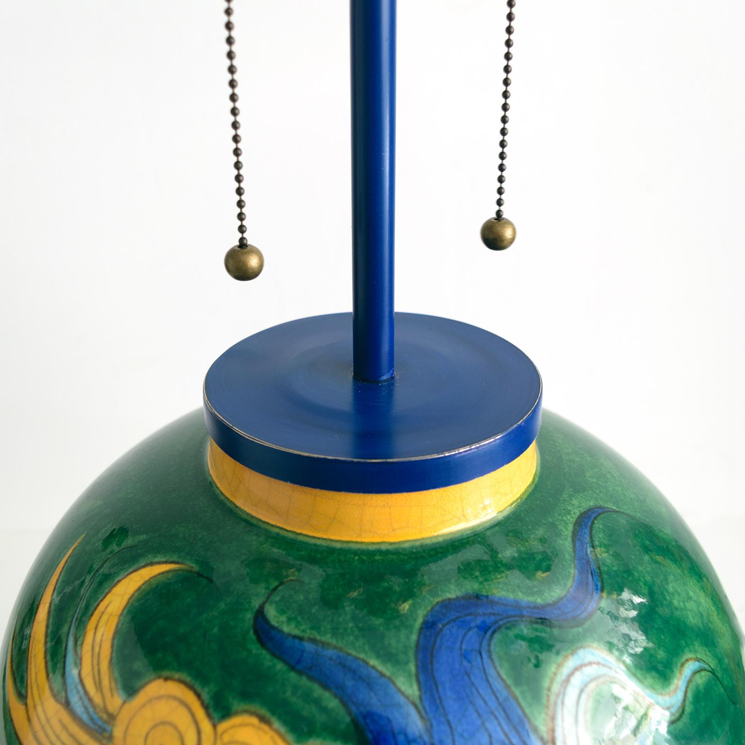 Mid-Century Modern Louis Drimmer Ceramic Table Lamp with Blue & Yellow Faces on Green Body, France For Sale