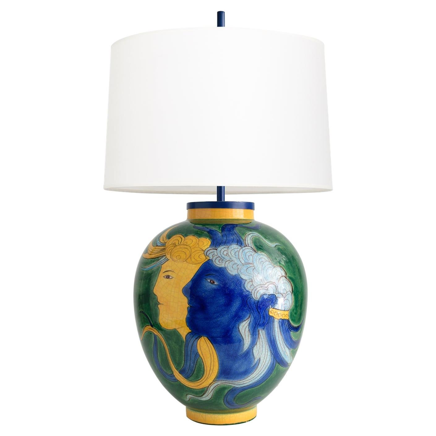 Louis Drimmer Ceramic Table Lamp with Blue & Yellow Faces on Green Body, France For Sale