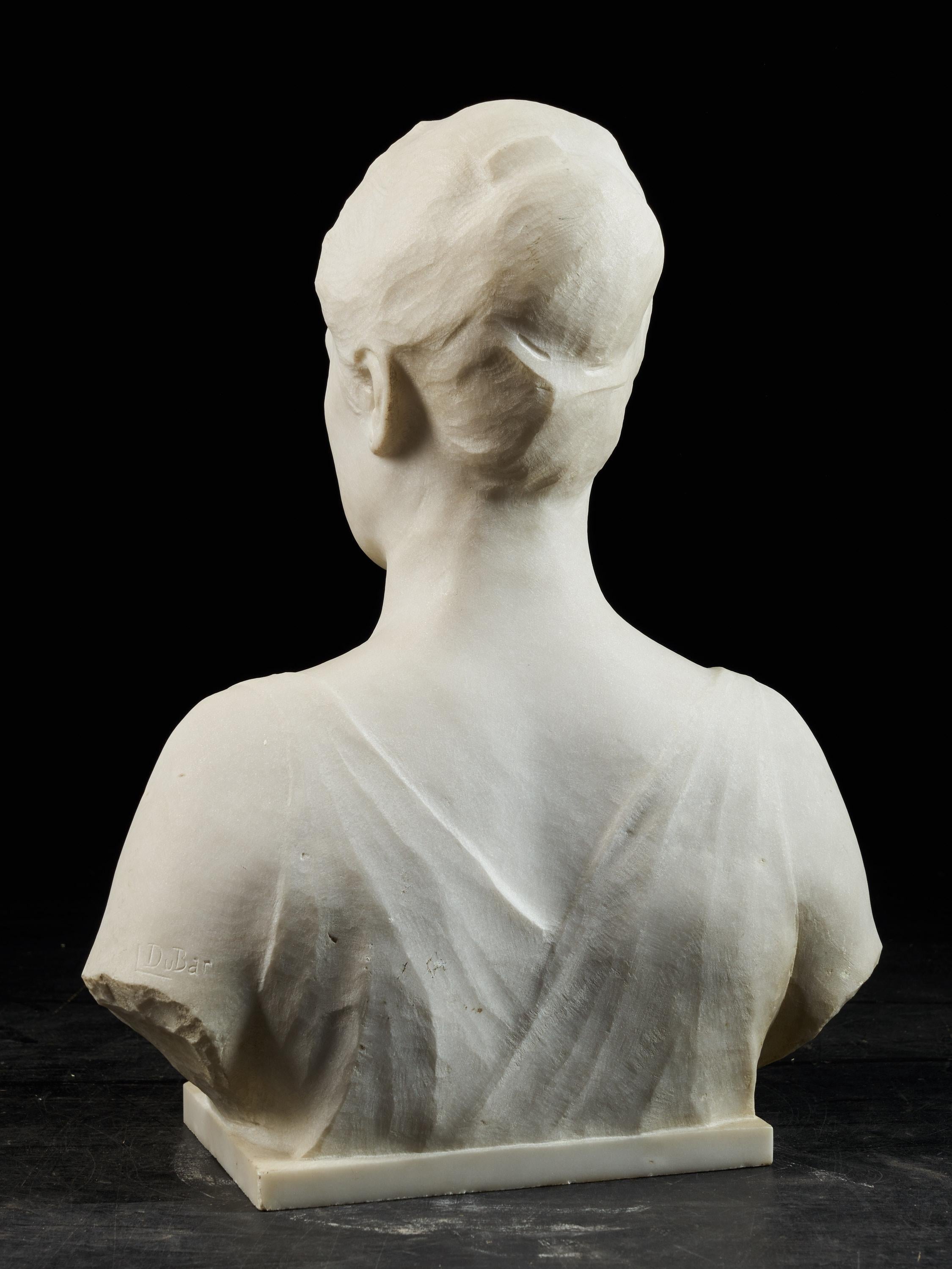 Hand-Carved Louis Dubar, Marmor Buste of Female Head, Signed For Sale