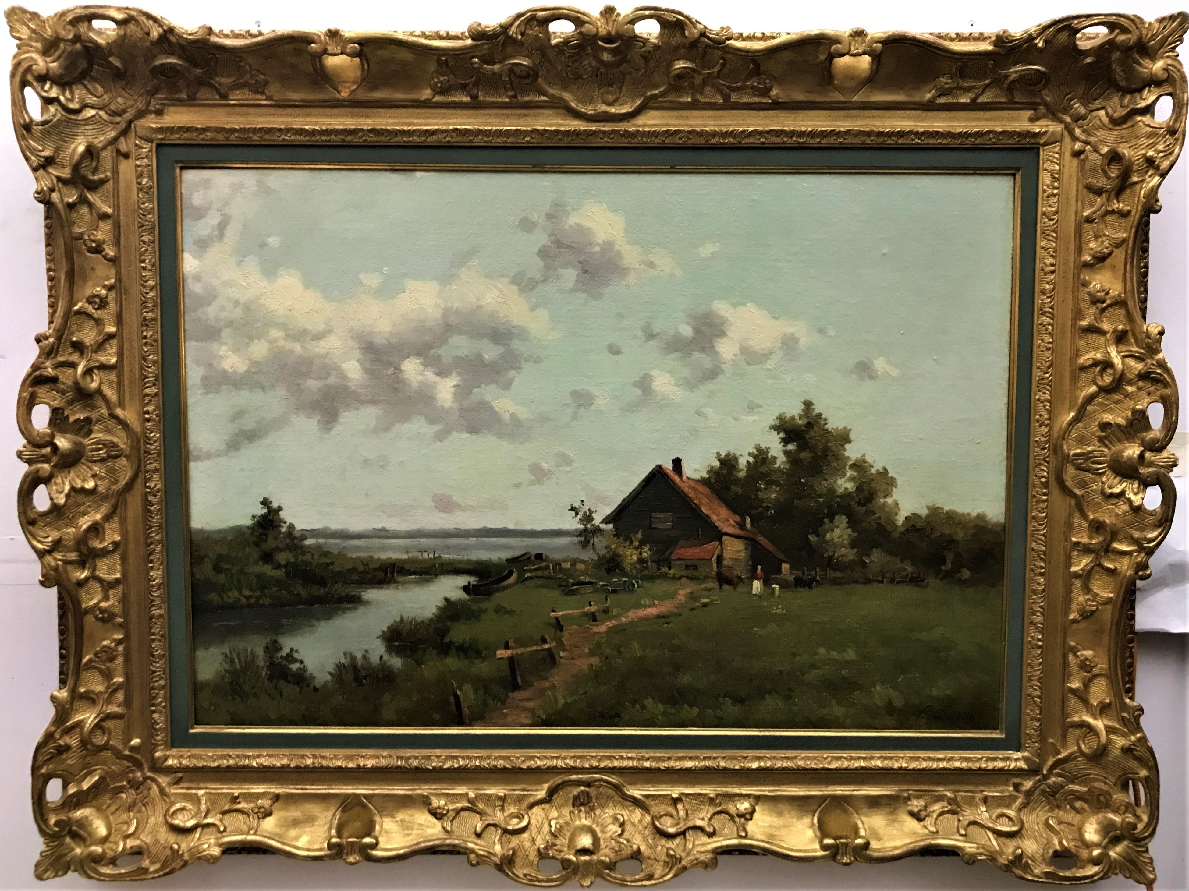 Waterfront Farm, original oil on canvas, C19th, naturalistic style - Painting by Louis Dubois