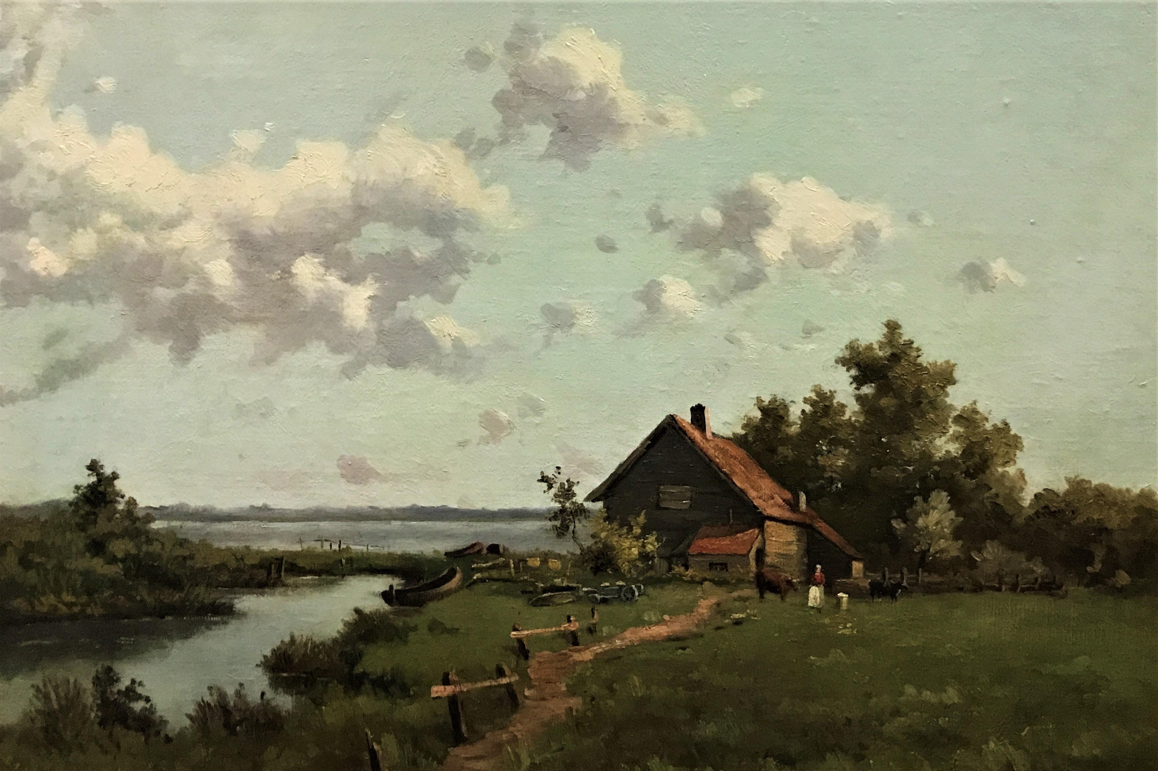 Louis Dubois Landscape Painting - Waterfront Farm, original oil on canvas, C19th, naturalistic style