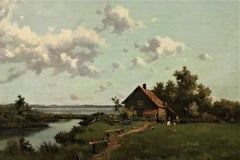 Waterfront Farm, original oil on canvas, C19th, naturalistic style
