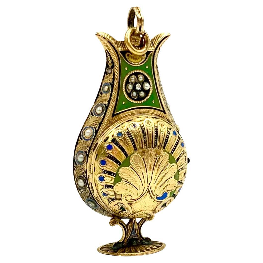 Louis Duchene 
Cie. 18K Gold Enamel Pearl Diamond Set Lyre Form Watch, c.1810 en venta