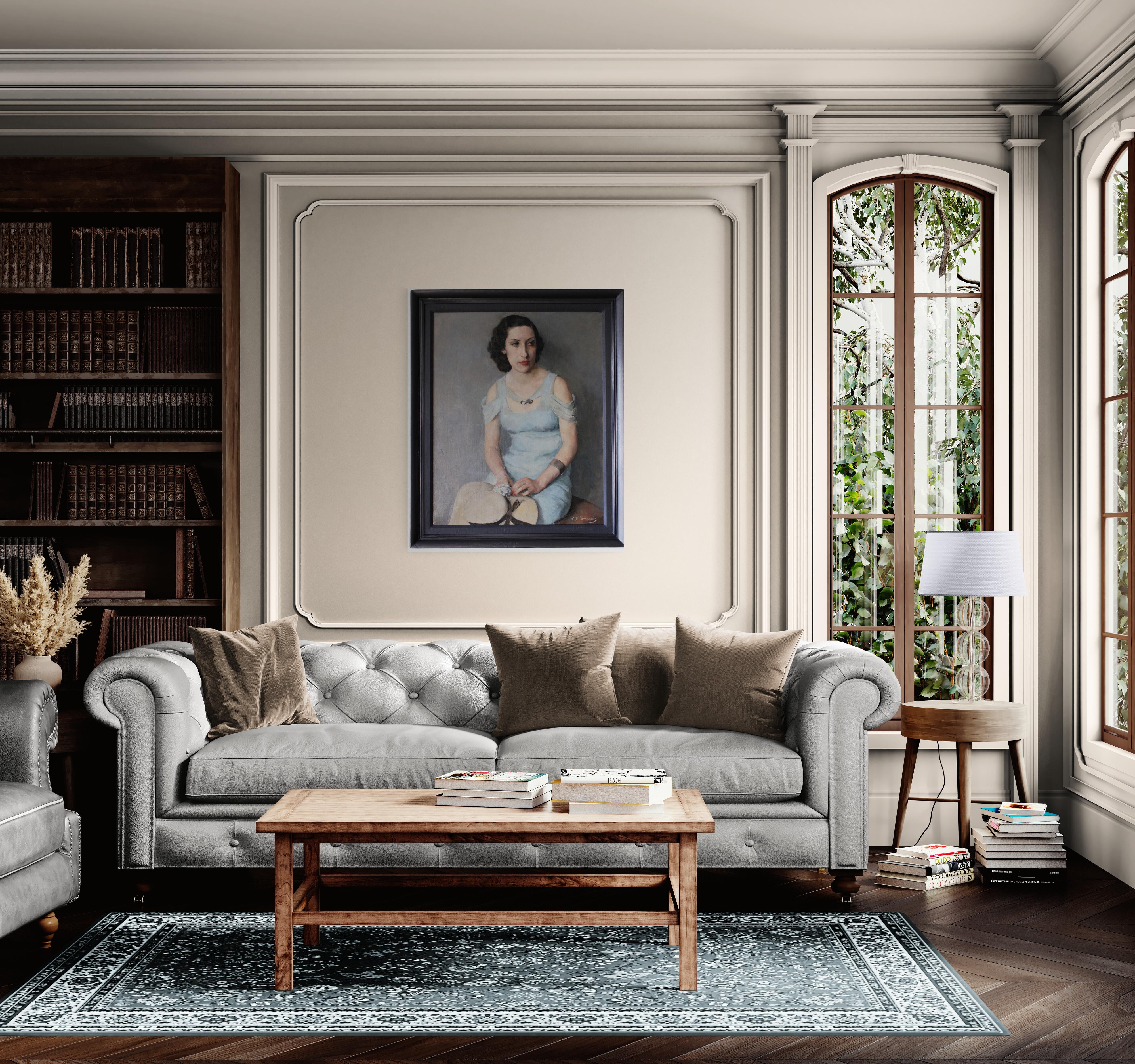 Porträt Ölgemälde große Französisch Art Deco weibliche Malerei von Louis Dupuis im Angebot 6