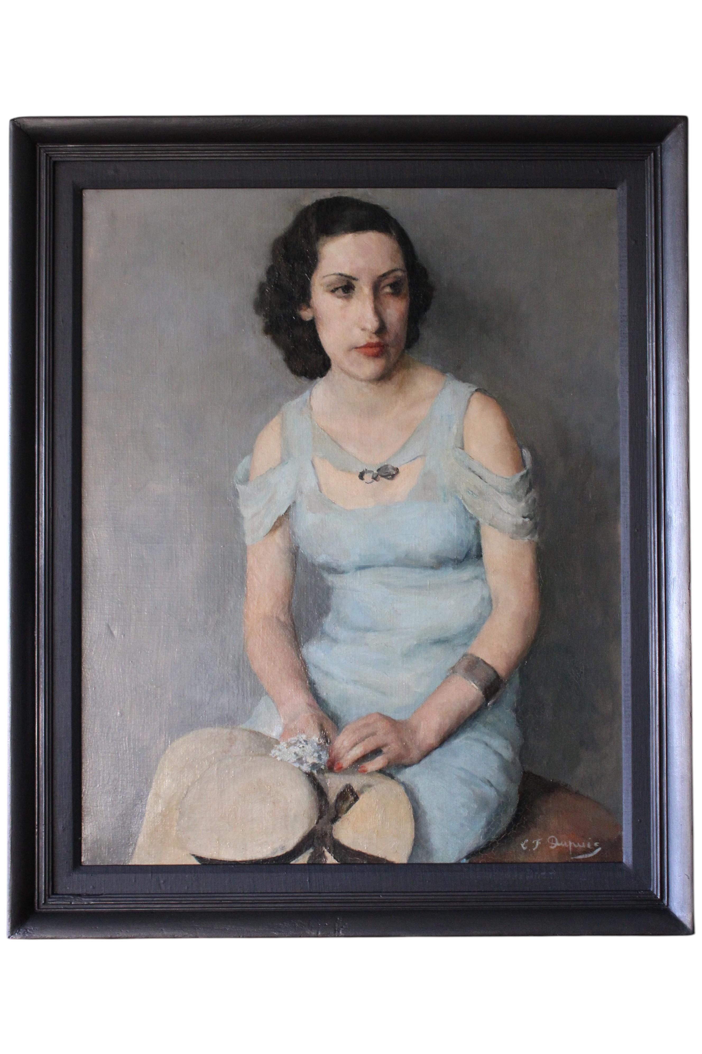 Ritratto dipinto ad olio di Louis Dupuis, grande quadro femminile in stile art déco francese