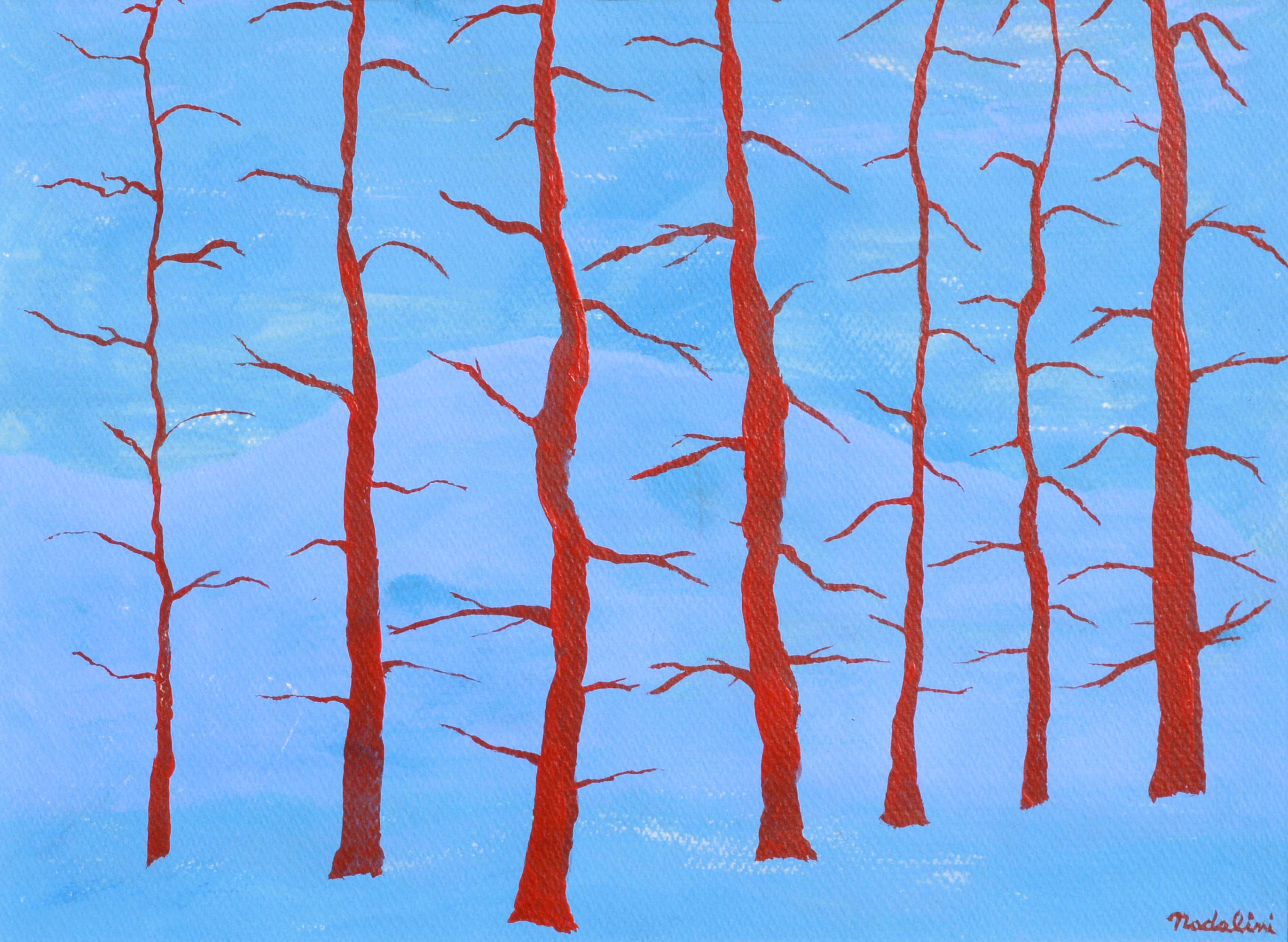 Red Trees, Hard-Edge Red & Blue Abstract Minimalist Landscape - Painting by Louis Earnest Nadalini