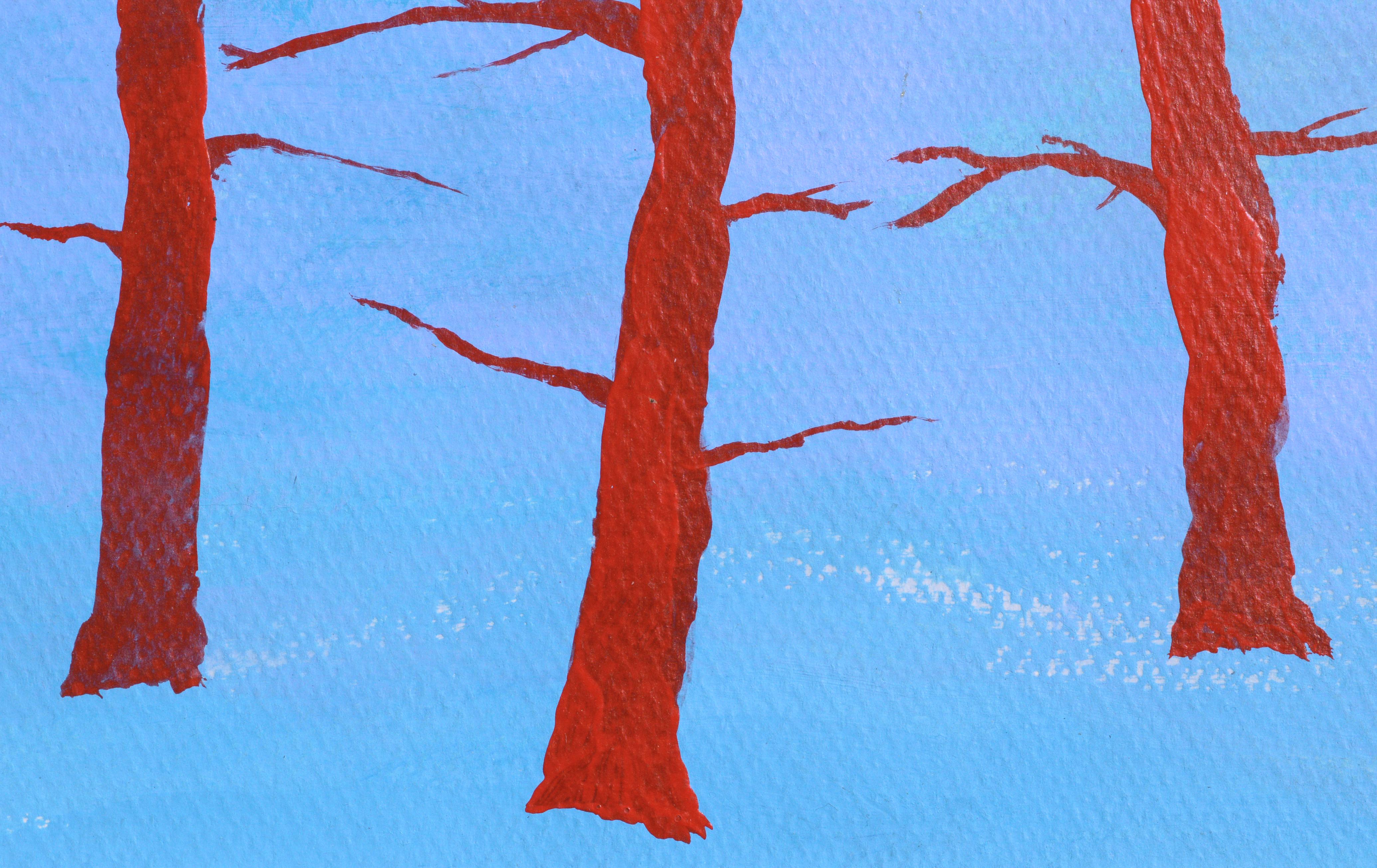 Bold hard edge landscape with minimalist red trees silhouetted against a sky blue background by Louis Nadalini (American, 1927-1995). Signed 