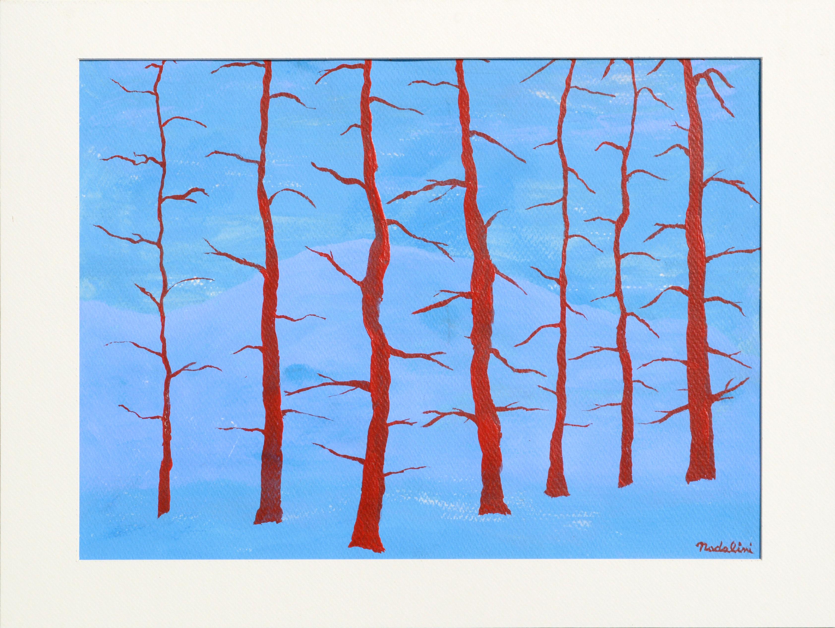 Louis Earnest Nadalini Landscape Painting - Red Trees, Hard-Edge Red & Blue Abstract Minimalist Landscape