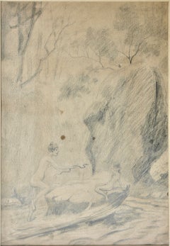 Louis Eilshemius Pencil Drawing Two Nudes with Snake in the Woods