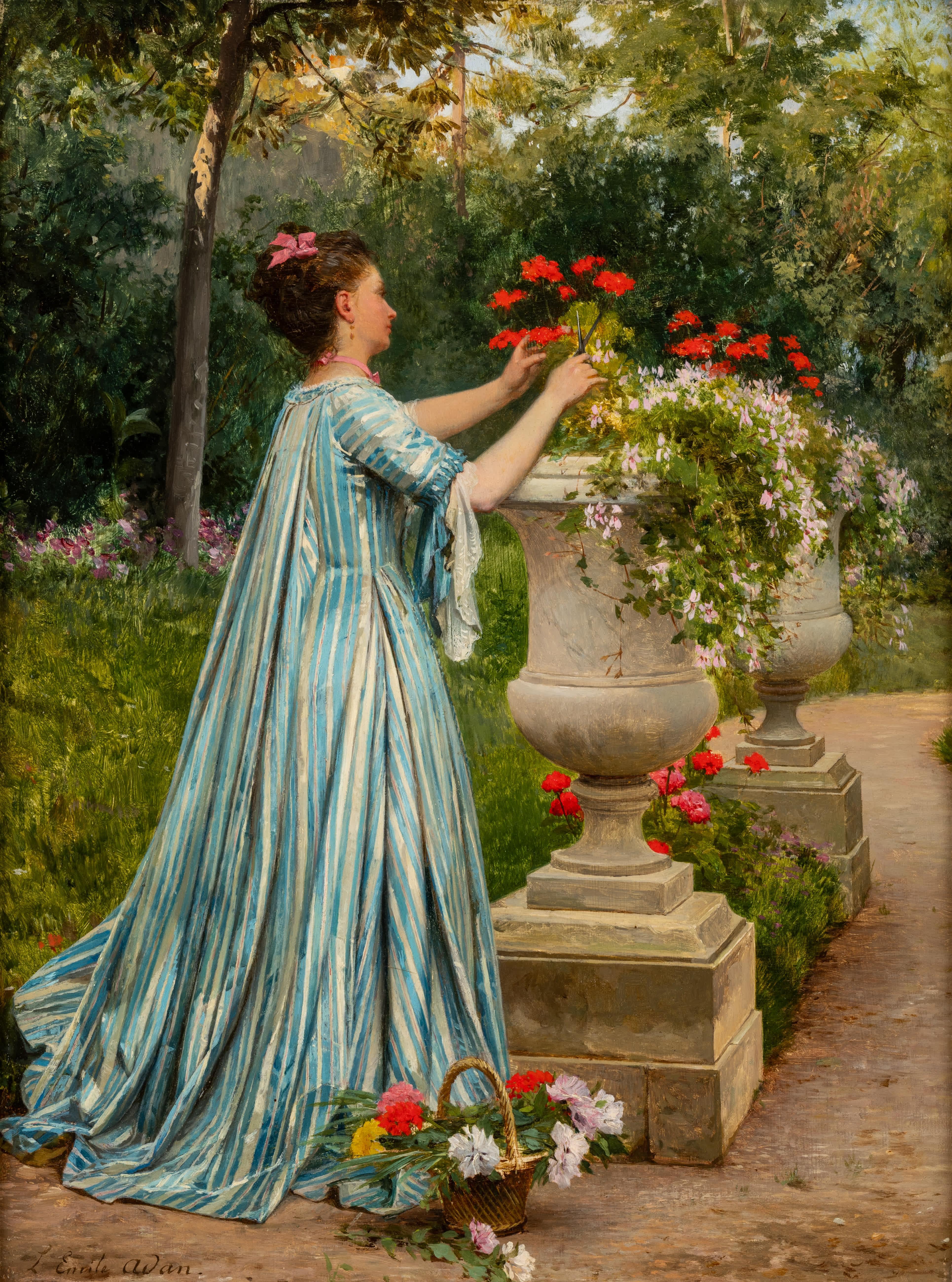 A Lady in a Garden - Naturalistic Painting by Louis-Emile Adan
