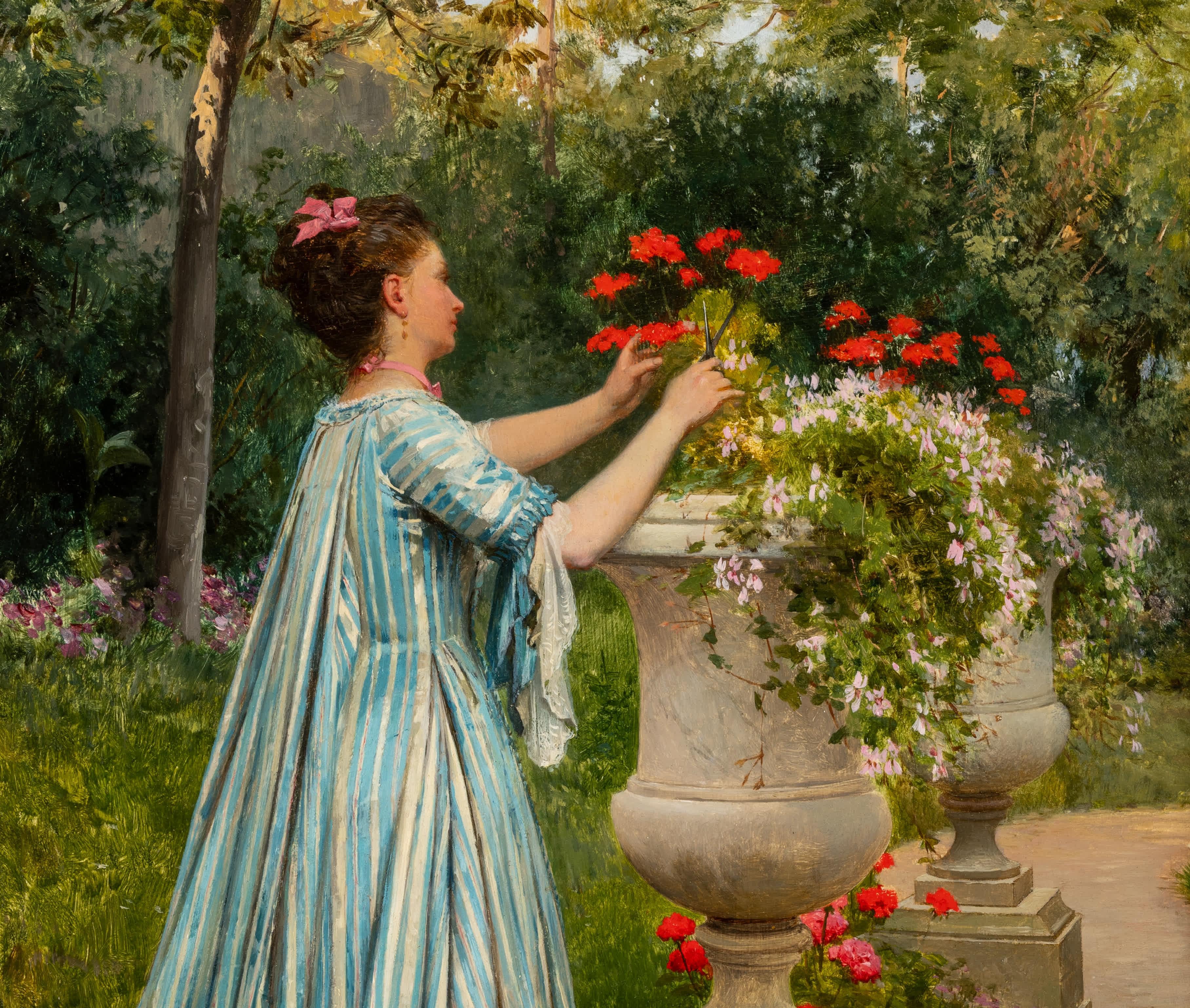 Louis-Emile Adan
French, 1839-1937
A Lady in a Garden

Oil on board
9 ⅝ by 13 in, w/ frame 14 ⅞ by 18 ⅛ in
Signed lower left

French painter Louis-Emile Adan was born in Paris. Little is known of his earliest introduction to the visual arts, but he