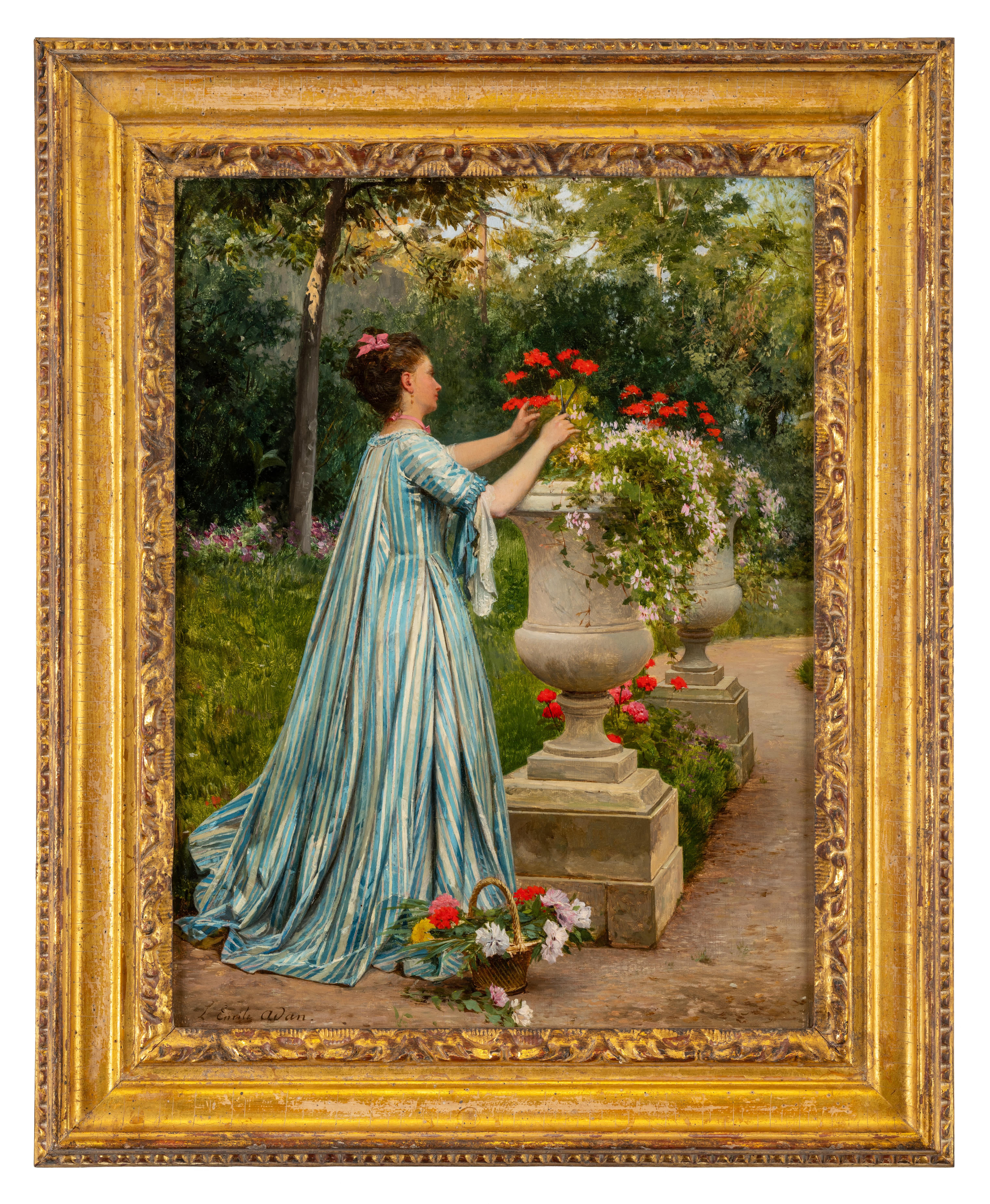 A Lady in a Garden - Painting by Louis-Emile Adan