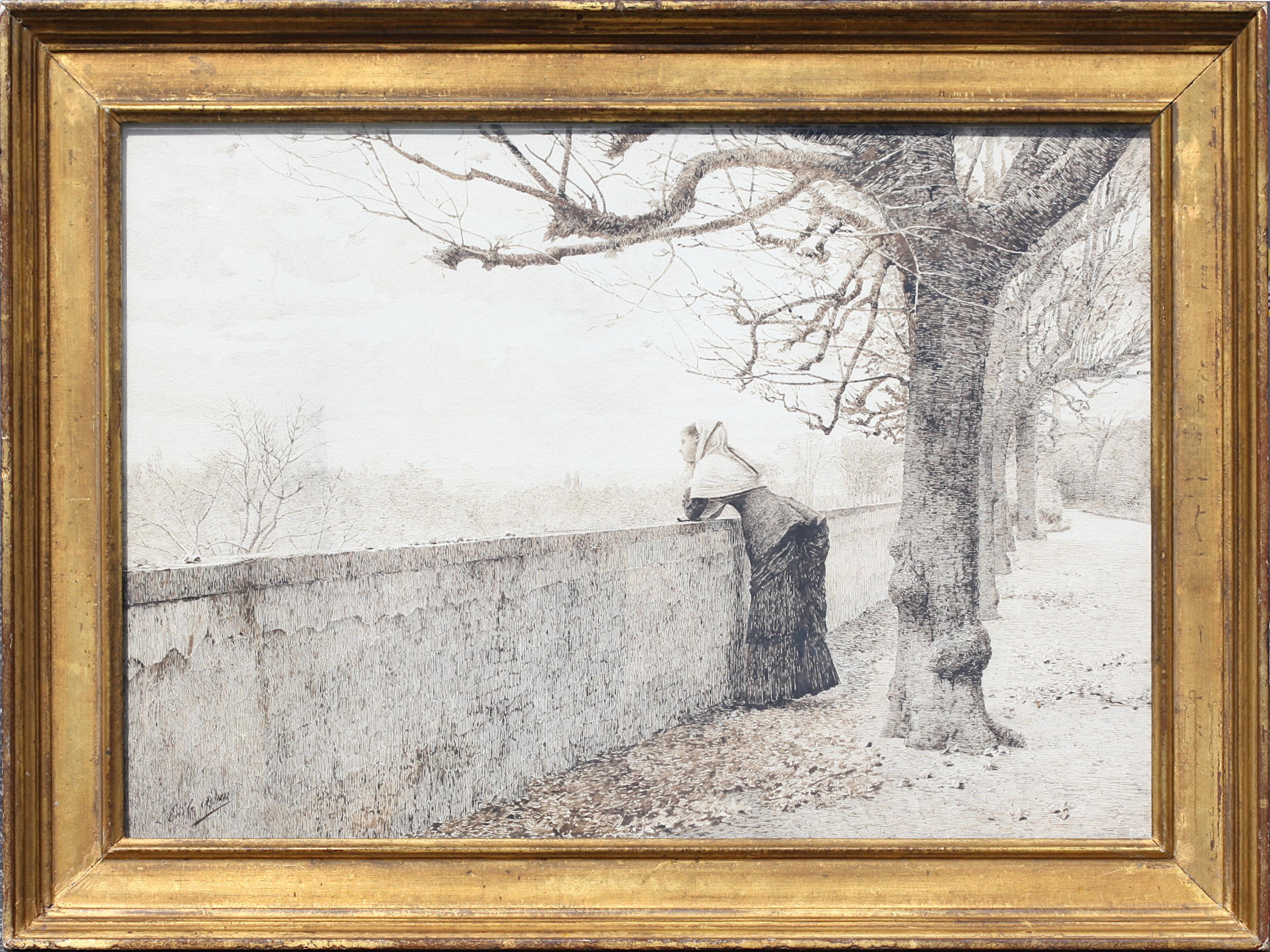 
Louis Emile Adan, (francés, 1839-1937)
Vista desde la terraza, otoño
pluma y tinta negra y marrón sobre cartón, firmado abajo a la derecha, al dorso con dos etiquetas de galerías francesas, una con marca de inventario, 20001.
17 por 23,75 pulg. ,