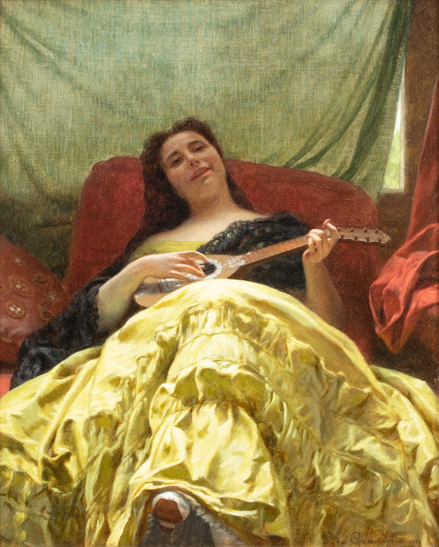 Louis Emile Pinel de Grandchamp Portrait Painting - The Mandolin, 19th Century 