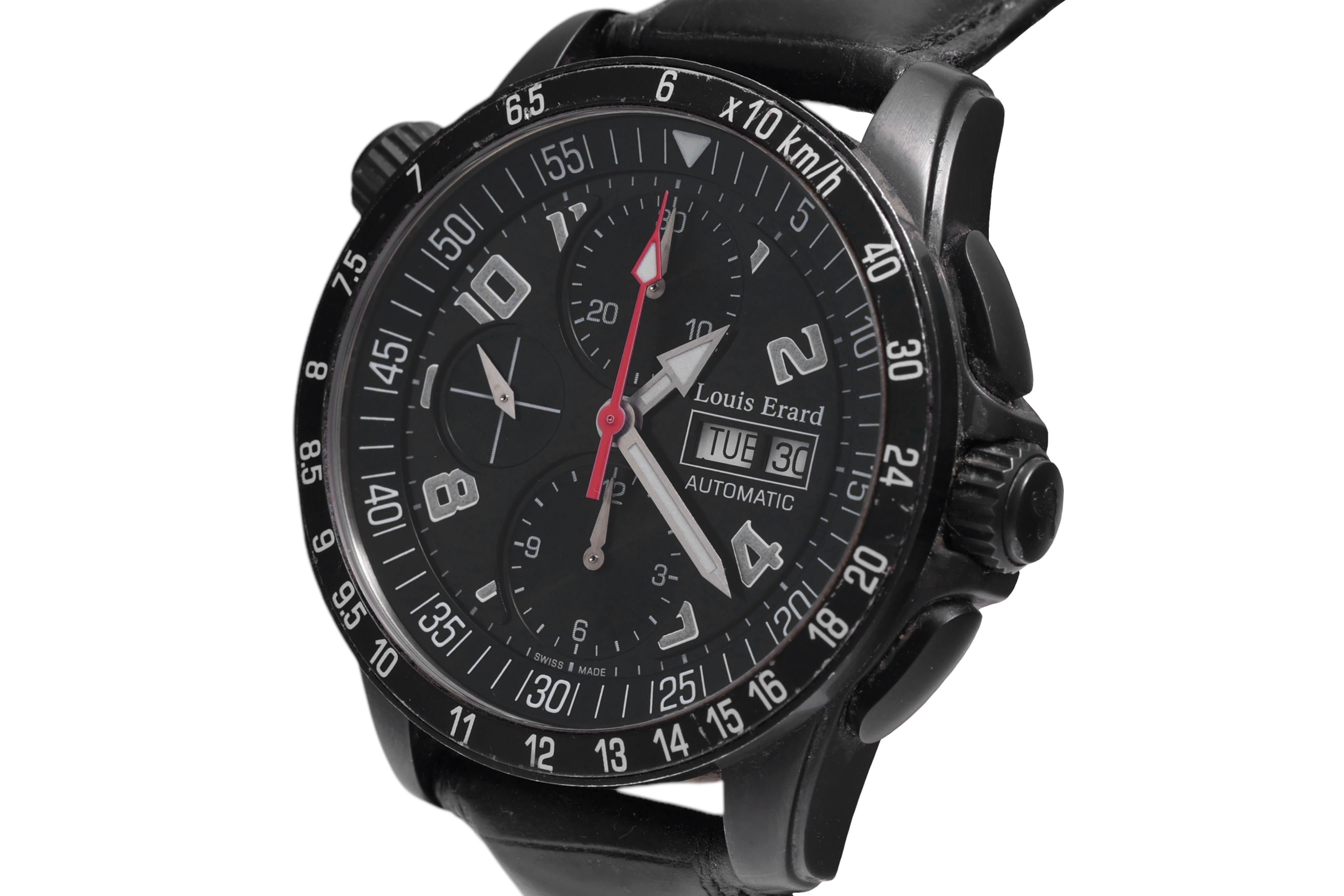 Louis Erard Automatik-Armbanduhr Durchmesser 42 mm, Chronofunktionen 

Uhrwerk: automatisch

Funktionen: Stunden, Minuten, Sekundenzeiger, Tag, Datum, Chronofunktionen

Gehäuse: schwarzer Edelstahl, Durchmesser 42 mm, Höhe 14,50 mm, verschraubter