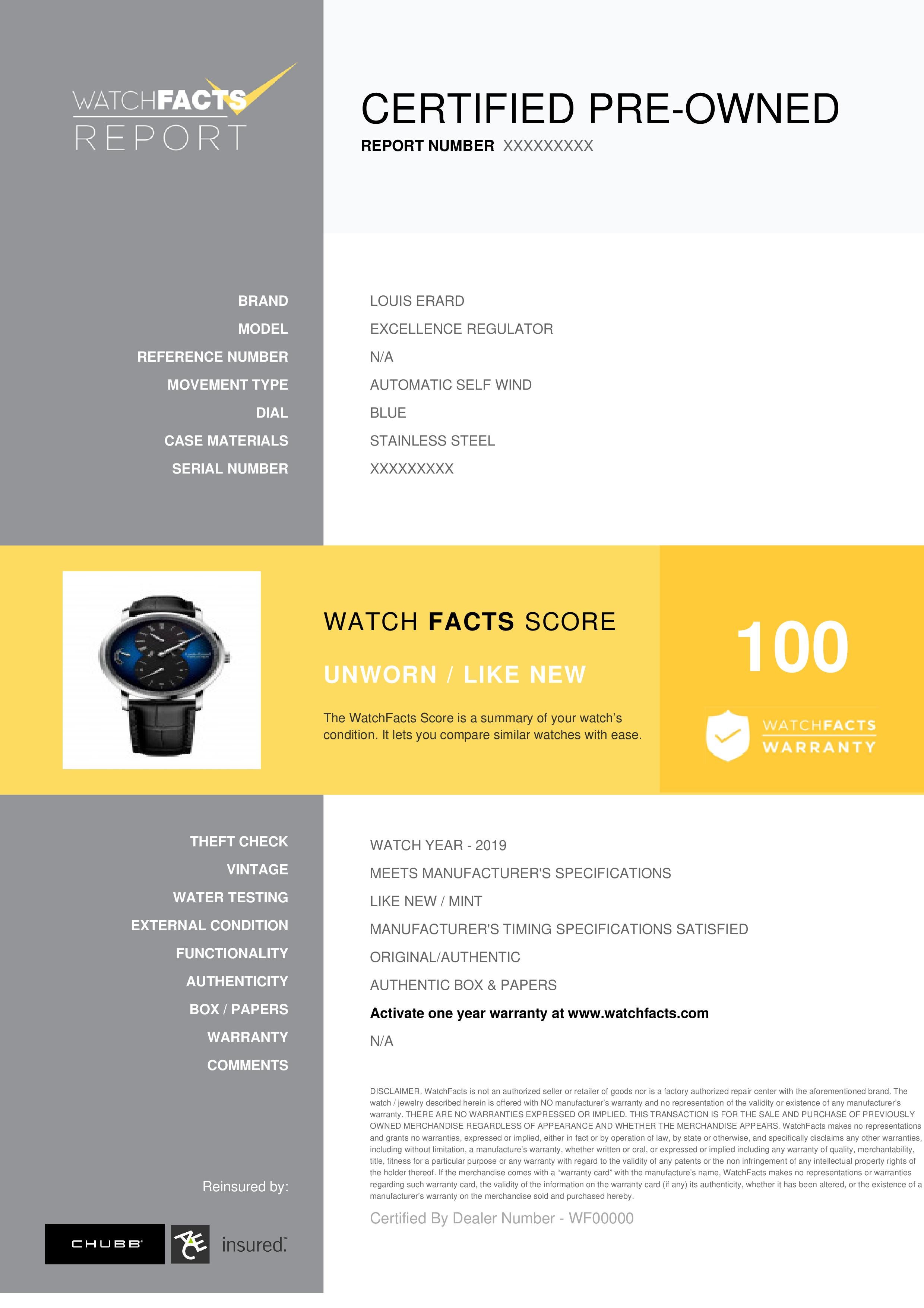 Louis Erard Excellence Regulator Reference #: 54230AG55.BDC02. Mens Automatic Self Wind Watch Stainless Steel Blue 0 MM. Verified and Certified by WatchFacts. 1 year warranty offered by WatchFacts.
