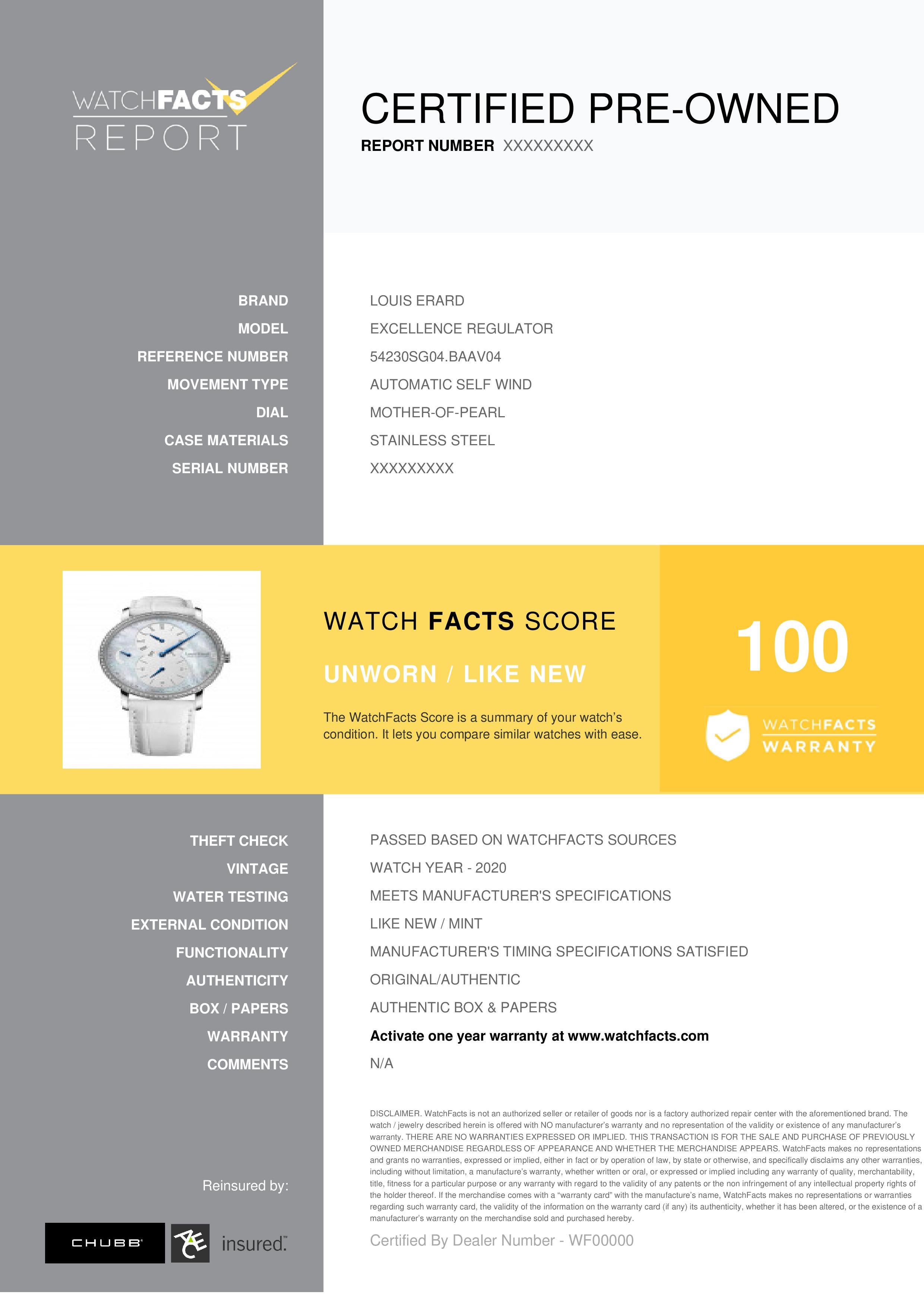 Louis Erard Excellence Regulator  Reference #: 54230SG04.BAAV04 . Mens Automatic Self Wind Watch Stainless Steel Mother of Pearl 0 MM. Verified and Certified by WatchFacts. 1 year warranty offered by WatchFacts.
