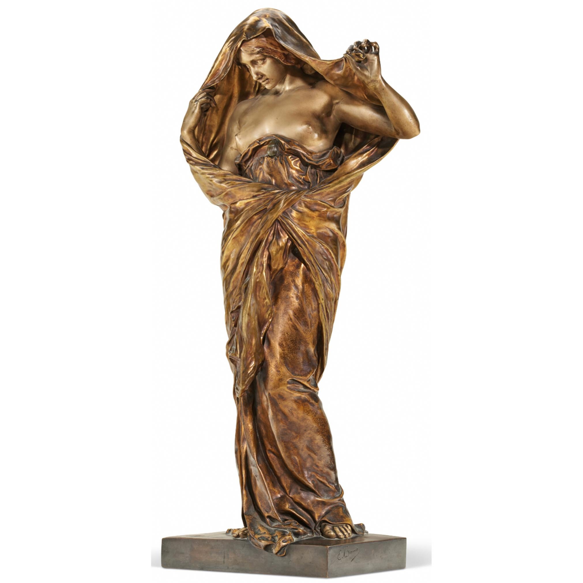 Louis-Ernest Barrias Nude Sculpture - Nature revealing herself before Science bronze nude figural statue 