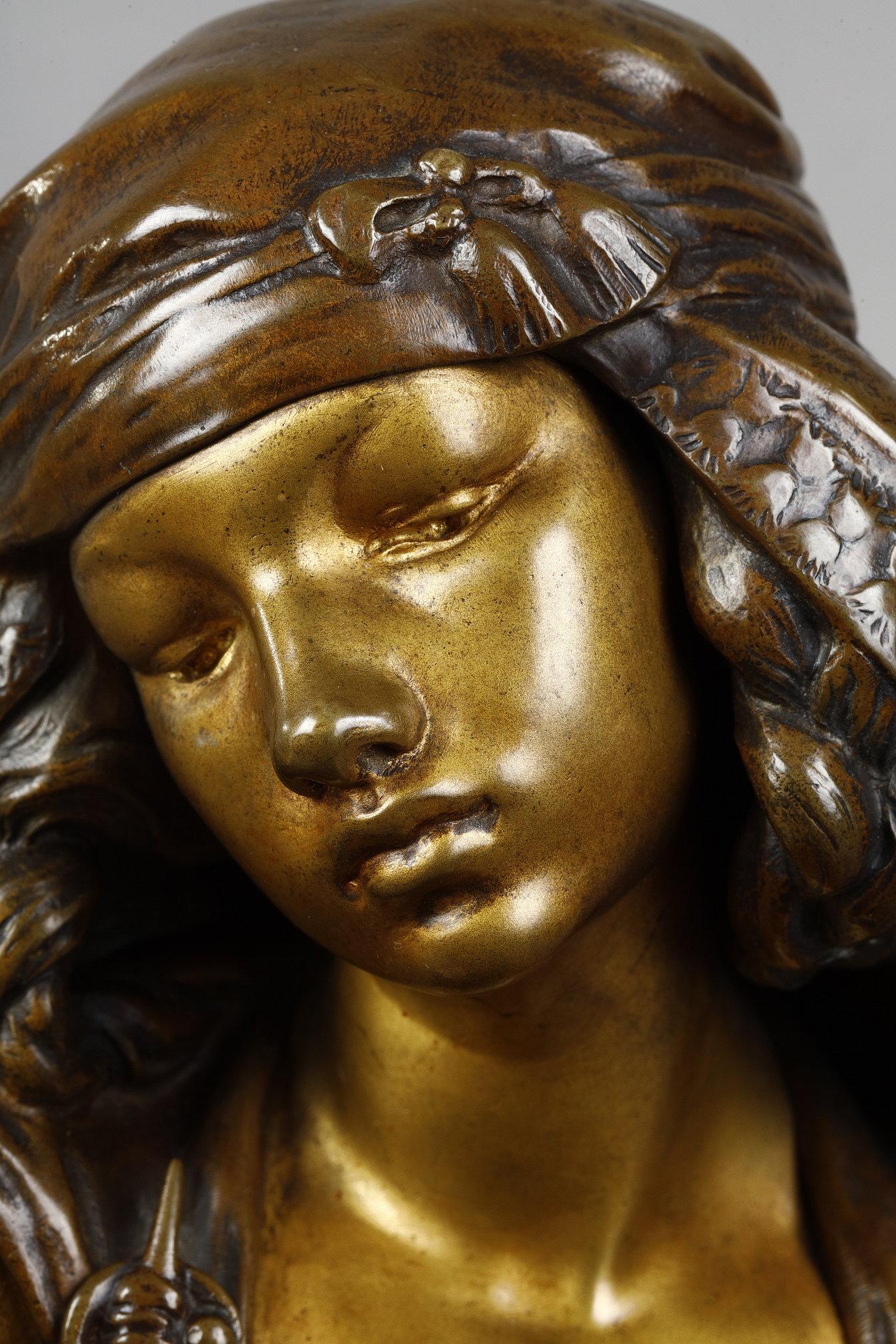 Young girl from Bou-Saada
by Louis-Ernest BARRIAS (1841-1905)

Rare bronze sculpture with a triple, dark brown, nuanced brown and gilded patina
Signed on the base 