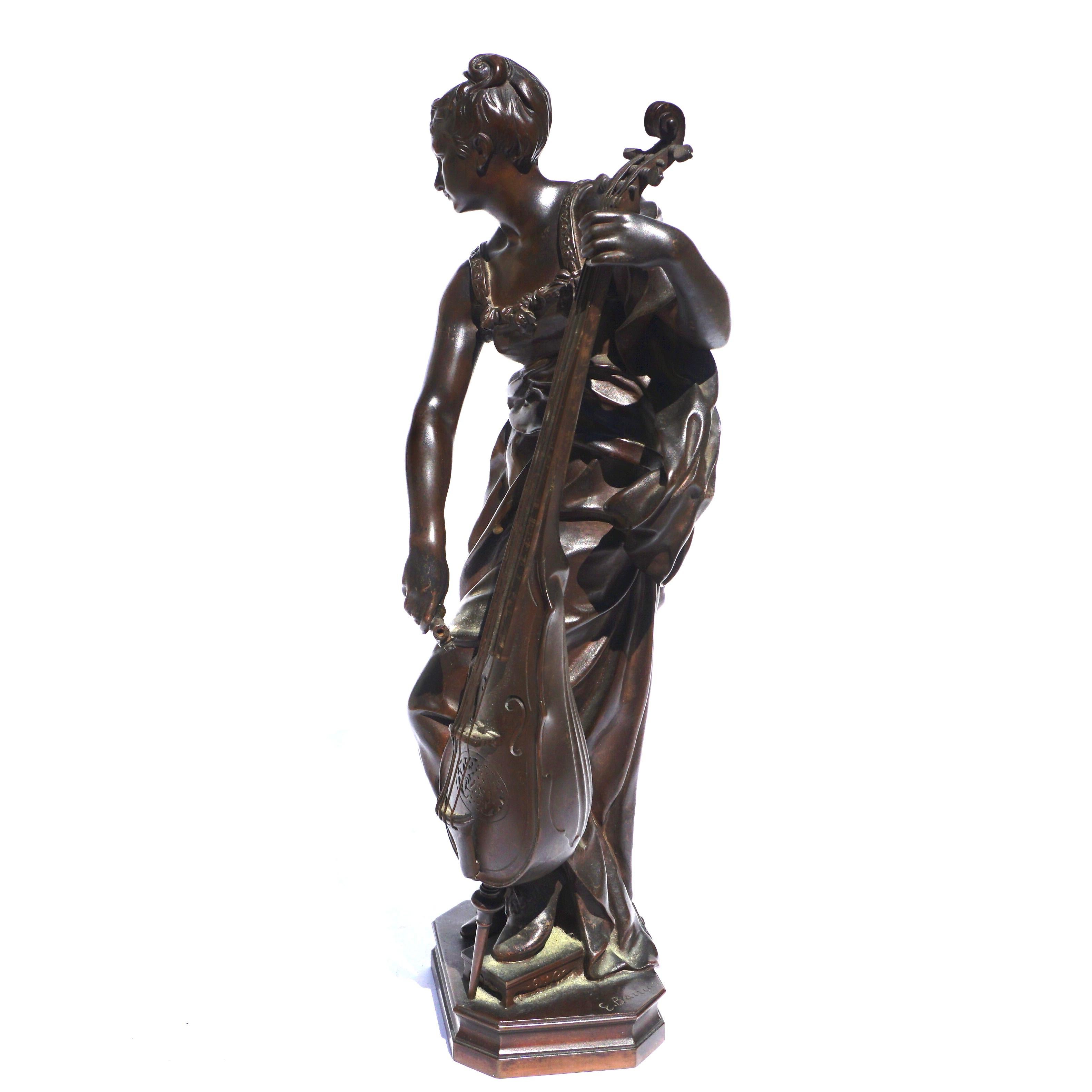 French Louis Ernest Barrias Bronze of a Woman Playing the Cello
