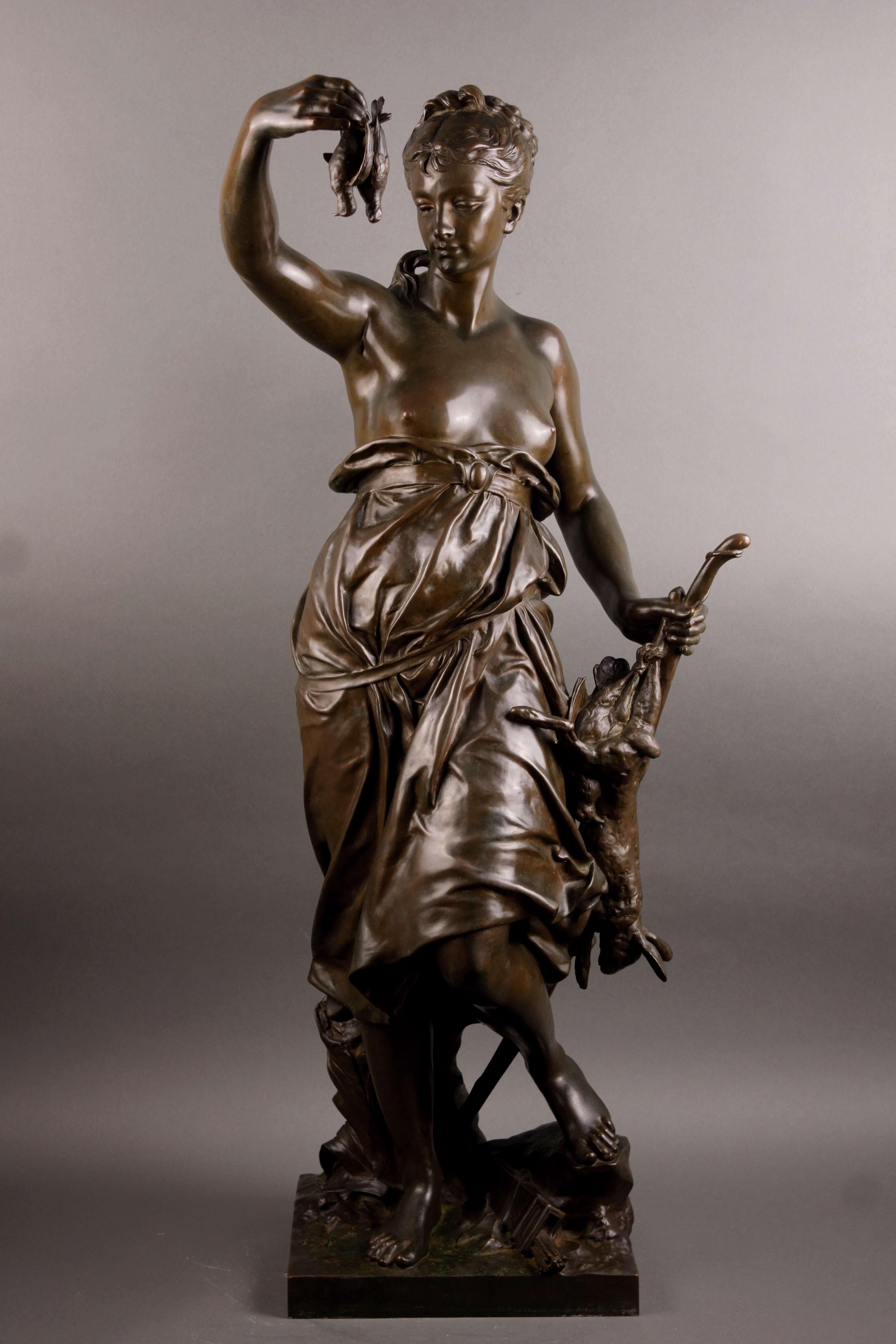La Caza Gran Escultura de Bronce Ferdinand Barbedienne Fondeur Napoleón III - Sculpture de Louis Ernest Barrias