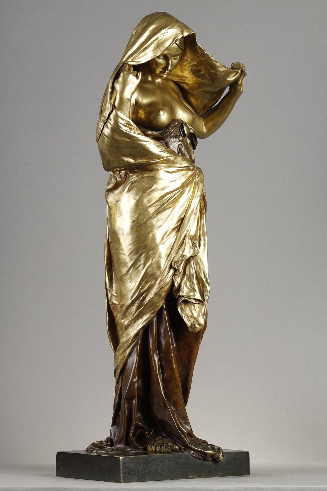 Nature unveiling in front of Science - Gold Figurative Sculpture by Louis Ernest Barrias