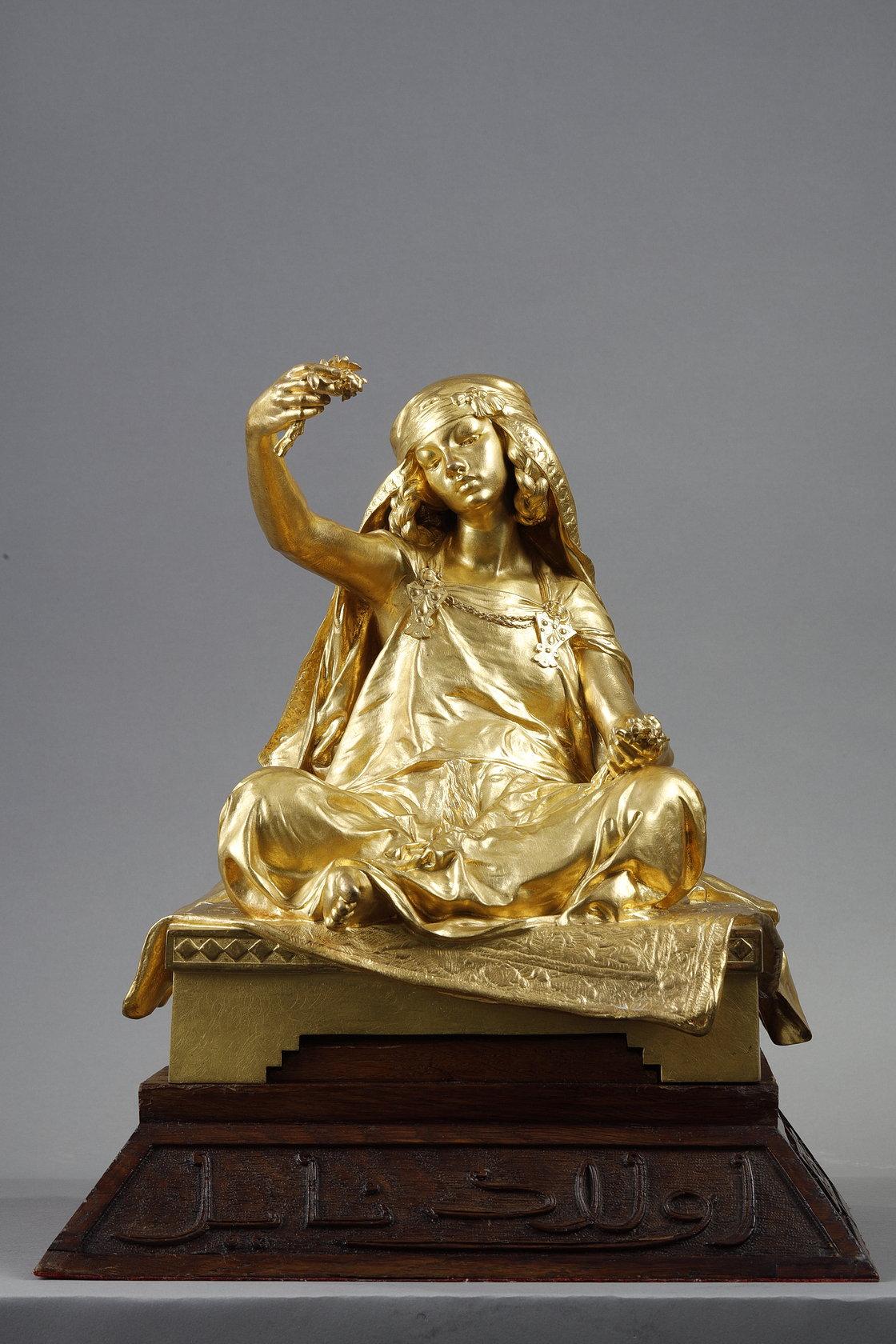 Louis Ernest Barrias Figurative Sculpture - Young girl from Bou-Saada, bronze female sculpture