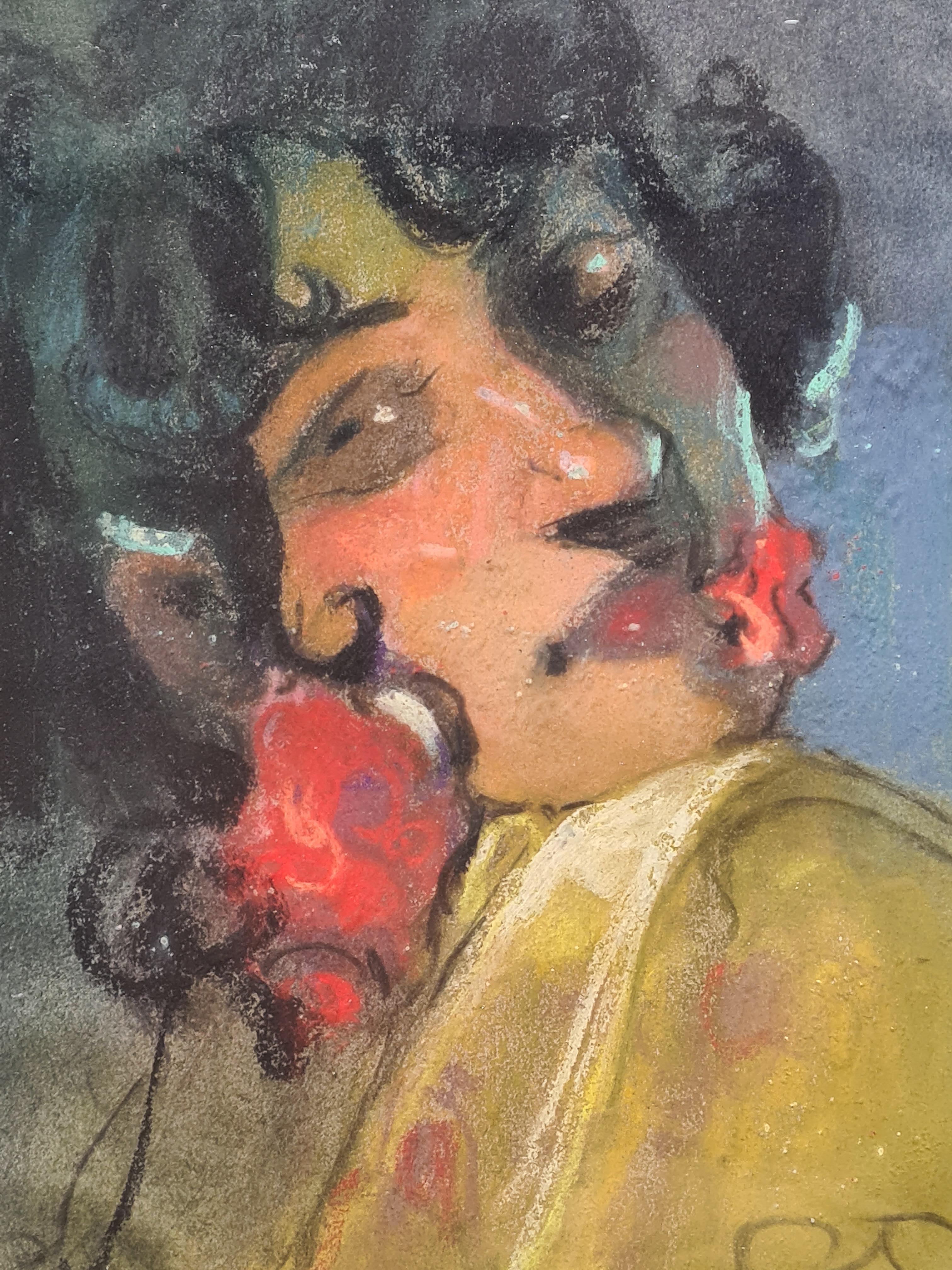 Portrait romantique au pastel d'une beauté espagnole, Conchita de Cadiz - Romantique Art par Louis Ernest Fortuné Andrieux, dit Fortuney