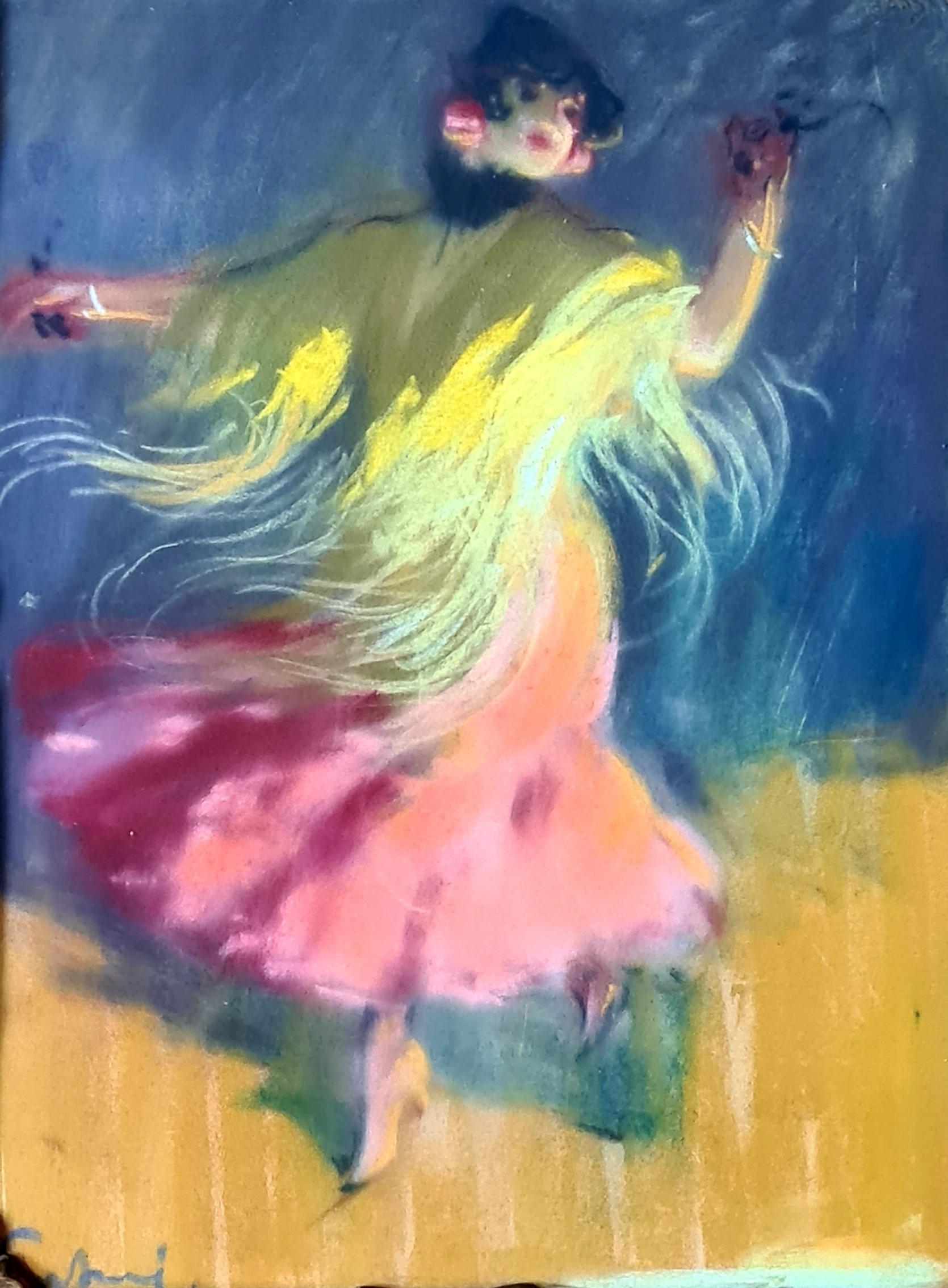 Flamenco Dancer, Belle Epoque Romantic Pastel Portrait, Conchita de Cadiz - Art by Louis Ernest Fortuné Andrieux, dit Fortuney