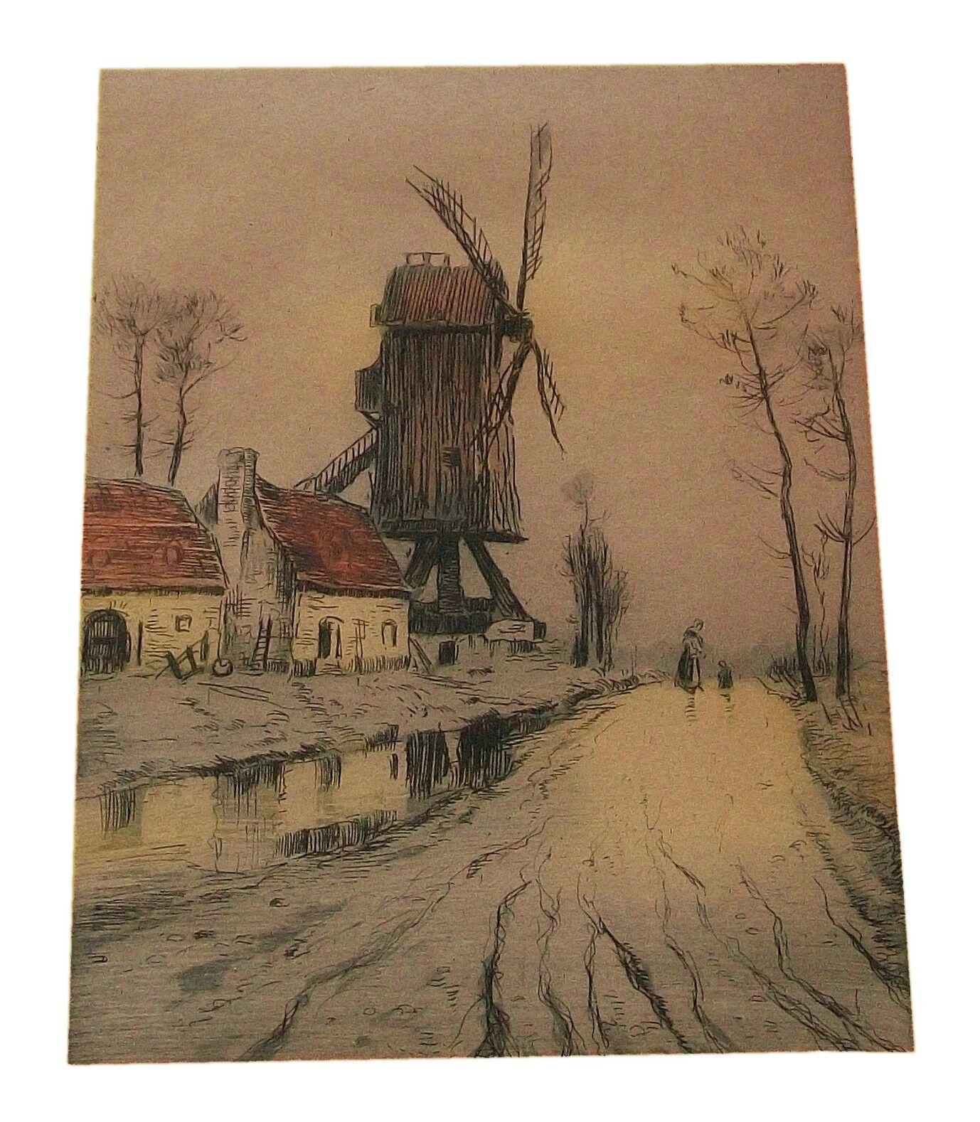 LOUIS ÉTIENNE DAUPHIN (1885-1926) - Untitled (Village with Windmill) - Post Impressionist fine art color copperplate engraving - signed lower right - unframed - France - circa 1920. 

Good antique condition - over-all toning (from previous acidic