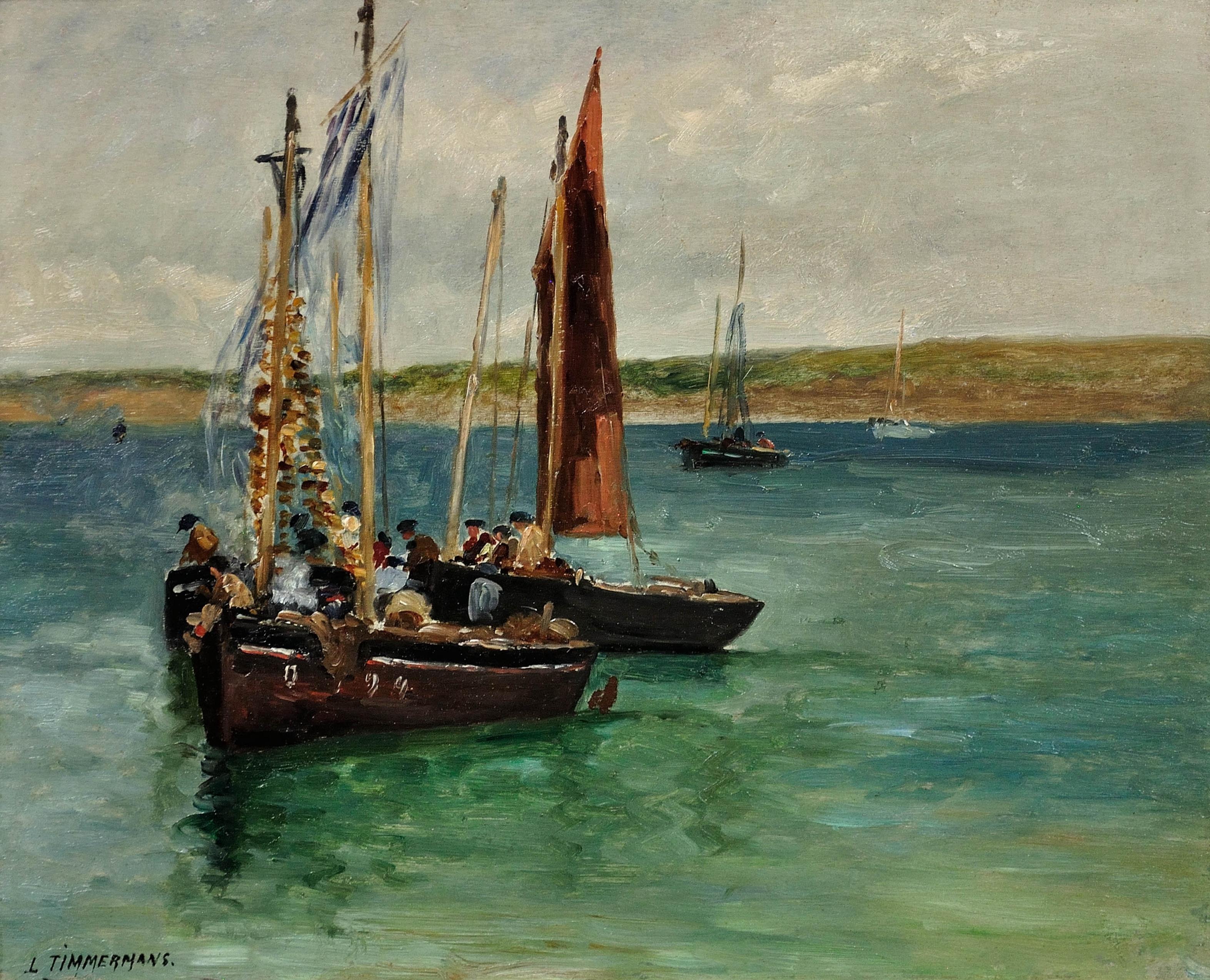 Ein Fischer Begräbnis auf See Gerahmte 1880er klagende Marine Ölgemälde – Painting von Louis Étienne Timmermans