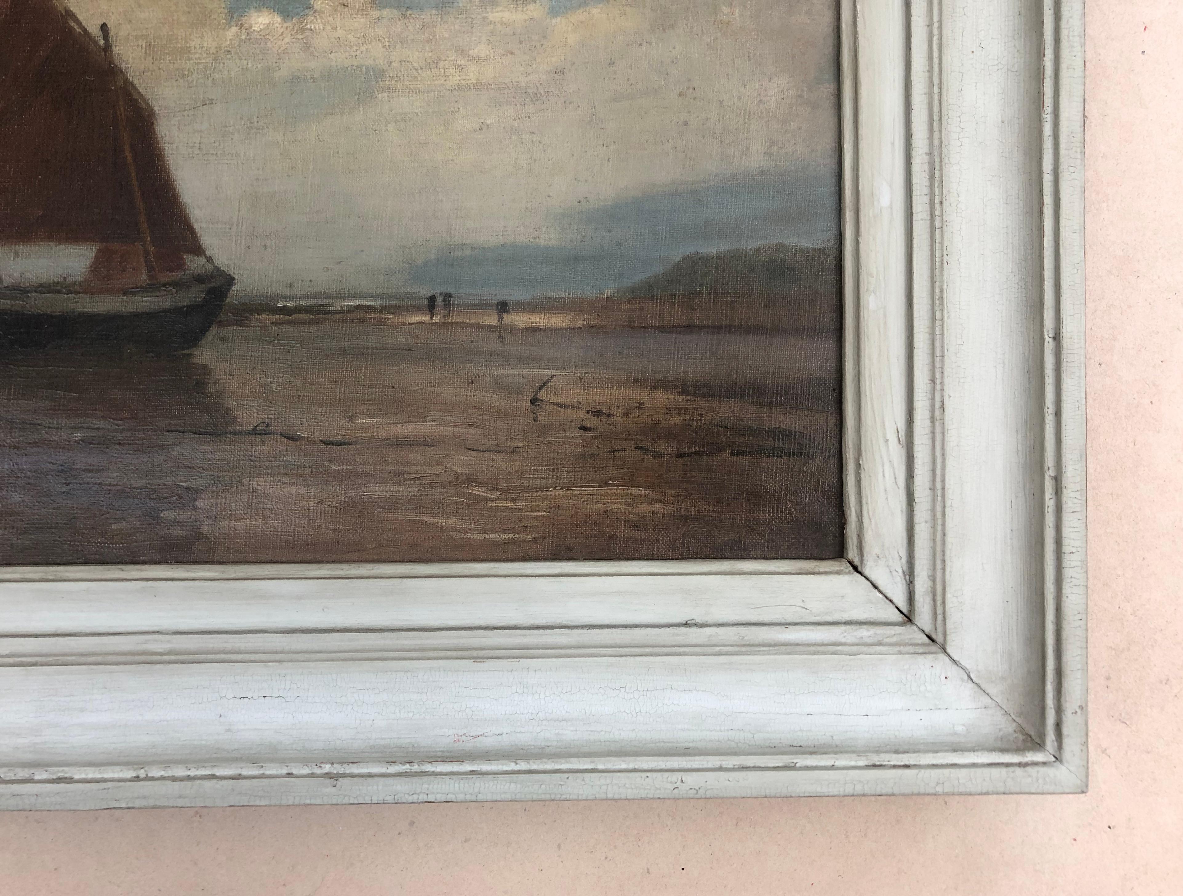 Louis Étienne TIMMERMANS (1846-1910)
Beach at low tide.
Oil on canvas signed lower left.
Slight sinking of the canvas on the left side. 
To be cleaned.
Chassis: 30 x 49 cm
Frame: 43.5 x 63 cm