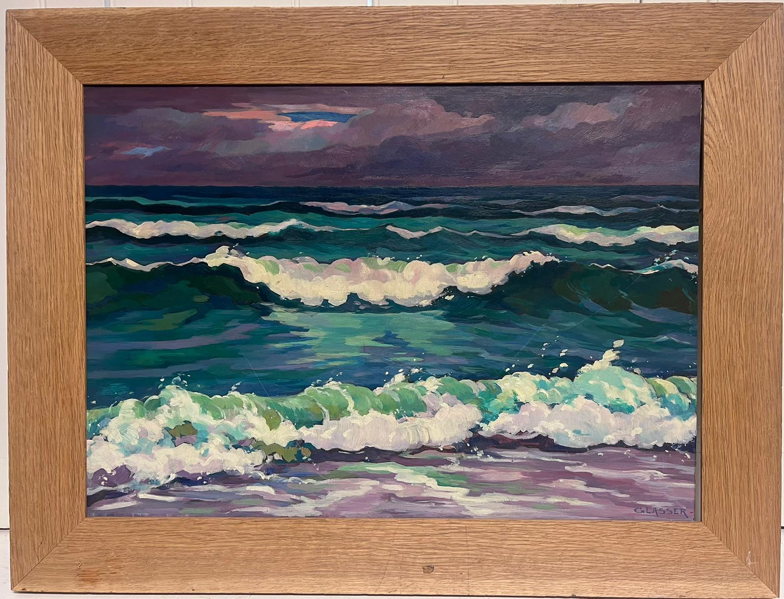 20th Century French Modernist Signed Oil Rolling Waves at Sea Turquoise & Purple - Painting by Louis Eugene Glasser