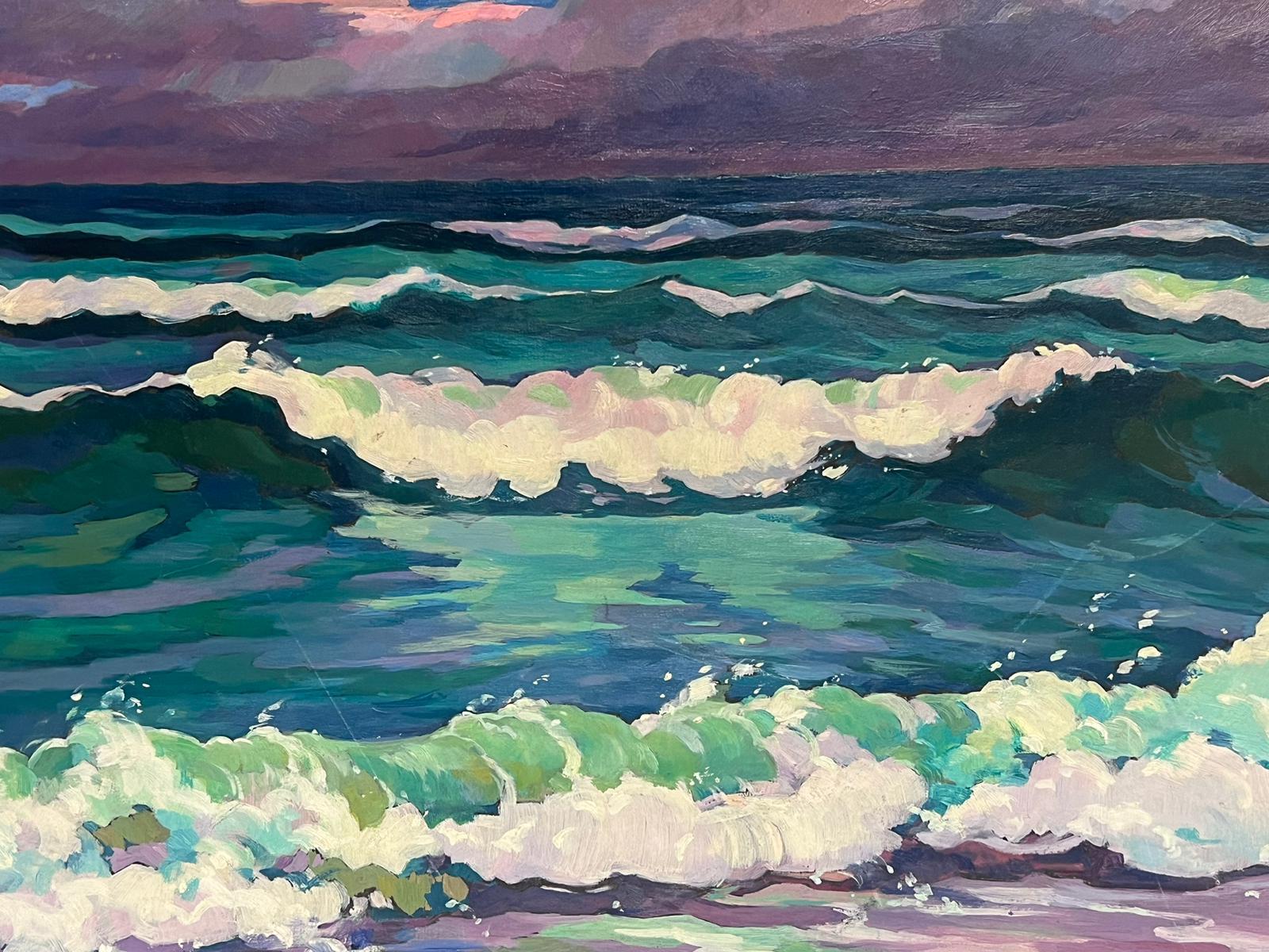 20th Century French Modernist Signed Oil Rolling Waves at Sea Turquoise & Purple For Sale 1