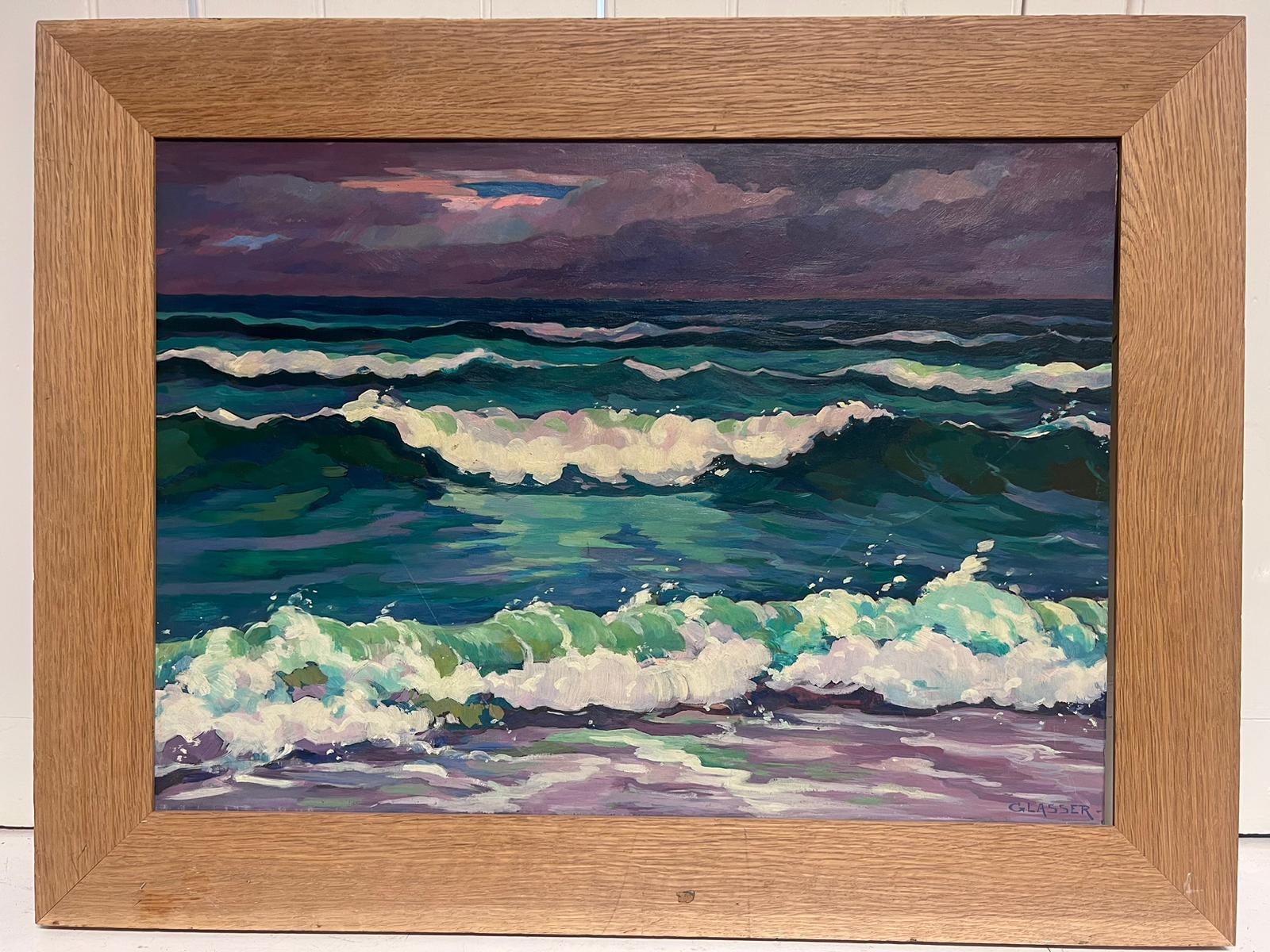 20th Century French Modernist Signed Oil Rolling Waves at Sea Turquoise & Purple For Sale 2