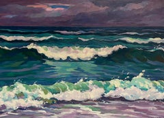 20th Century French Modernist Signed Oil Rolling Waves at Sea Turquoise & Purple