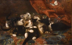 Oil Painting by Louis - Eugene Lambert "Kittens Chasing A Butterfly"