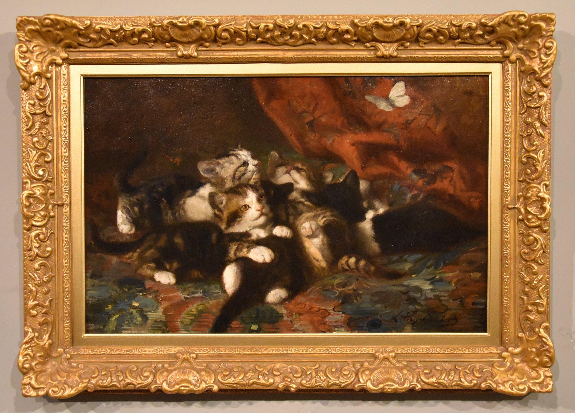 Oil Painting by Louis - Eugene Lambert "Kittens Chasing A Butterfly" 1825 - 1900 Lambert was afashionable animal painter from Paris studied under Delecroix and a regular exhibitor at the Salon. Oil on canvas. Signed

Dimensions unframed 15 x 23