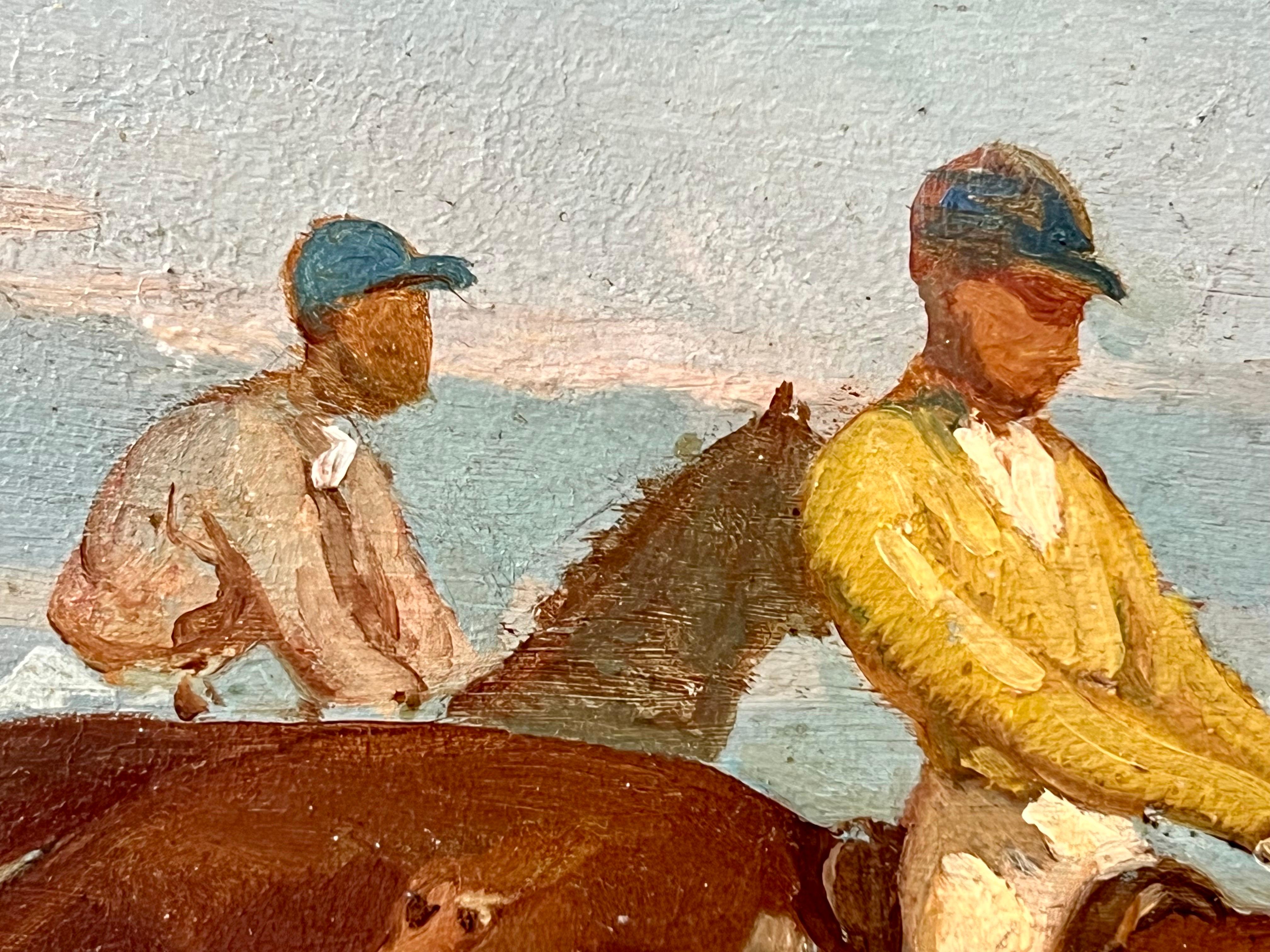 Französisches Gemälde des 19. Jahrhunderts – Das Pferdrennen – Jockey  (Alte Meister), Painting, von Louis-Eugène Ginain