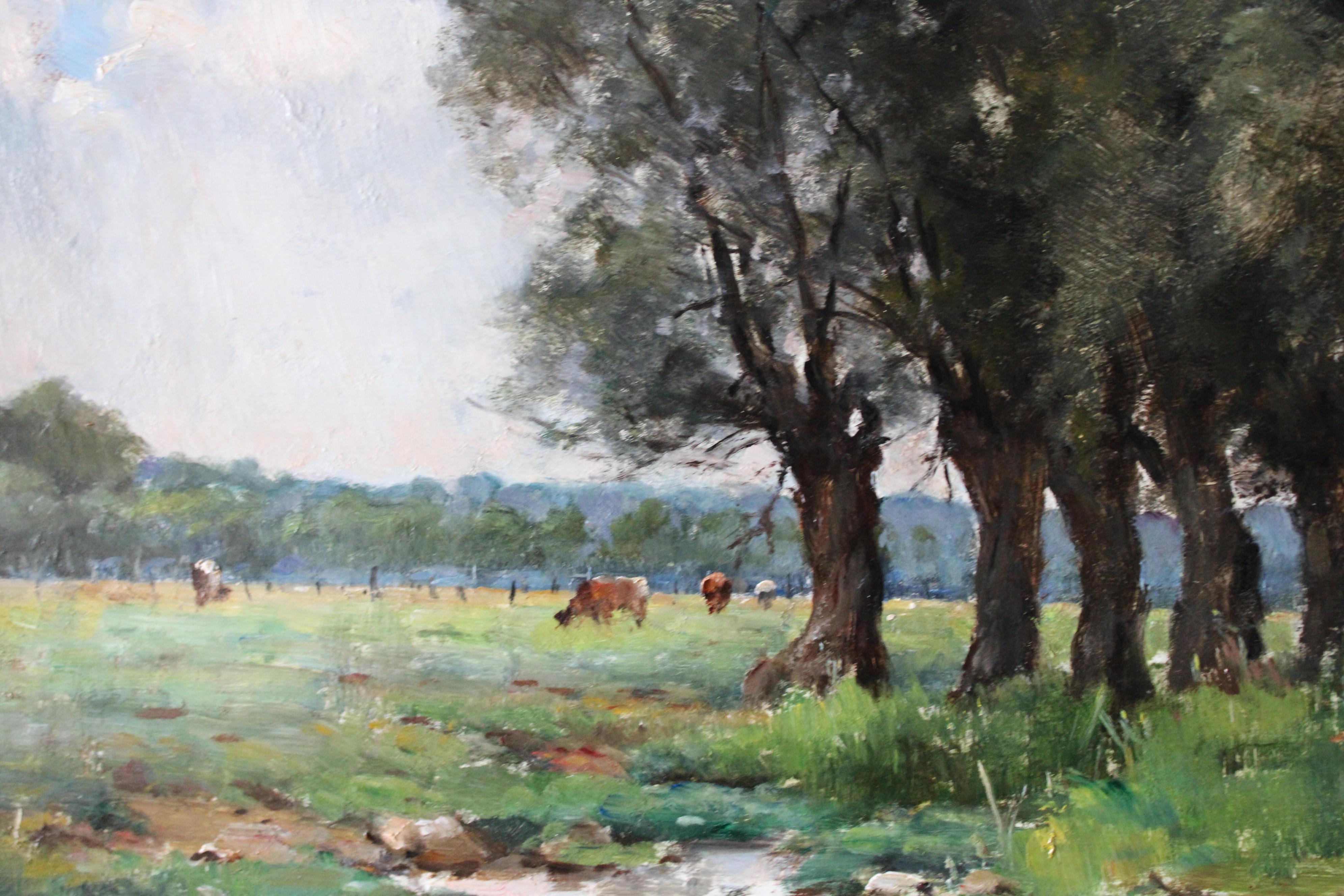 Antique French landscape oil painting of cows and woodland 19th Century - Painting by Louis-Eugène Le Roux