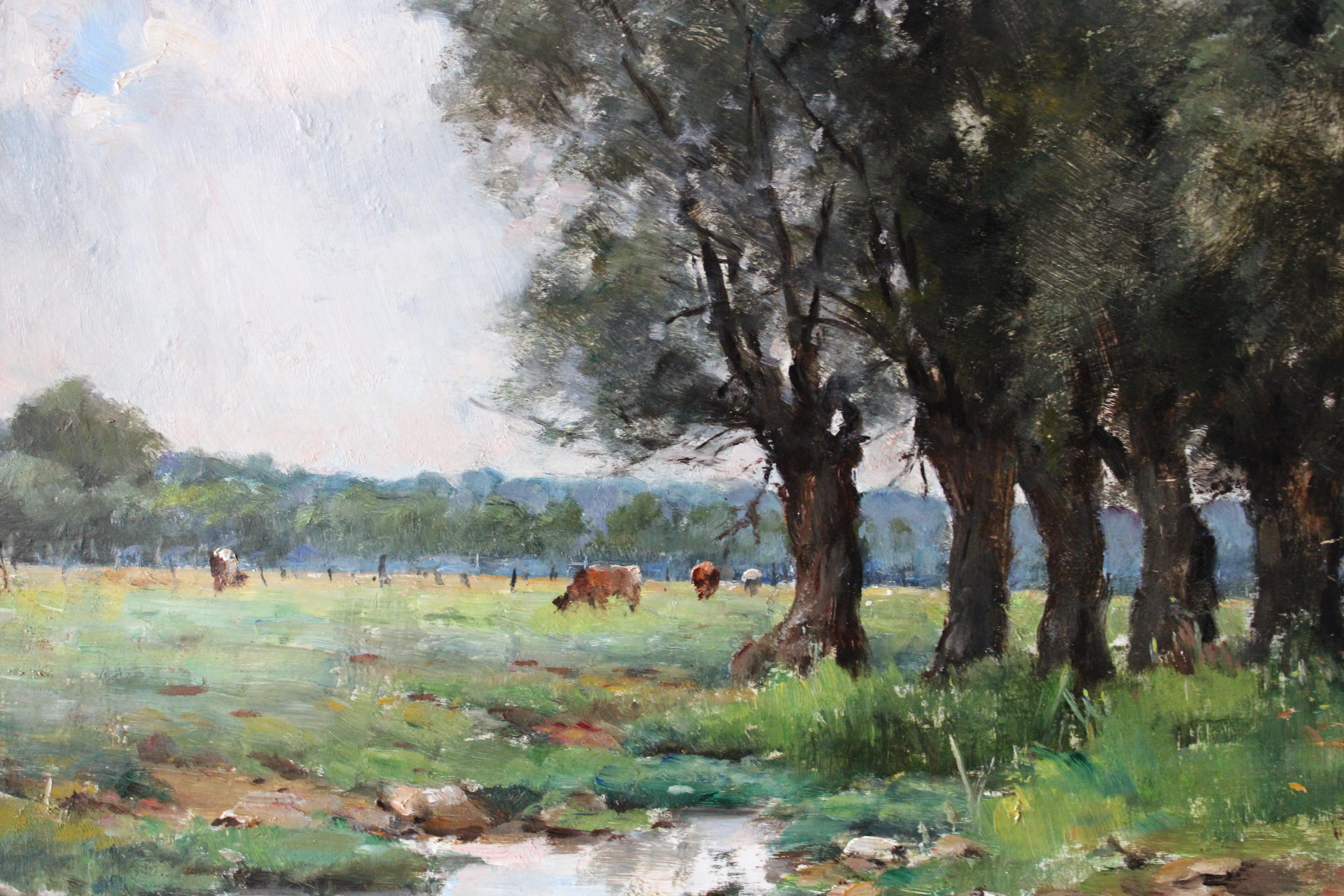 Antique French landscape oil painting of cows and woodland 19th Century - Gray Landscape Painting by Louis-Eugène Le Roux