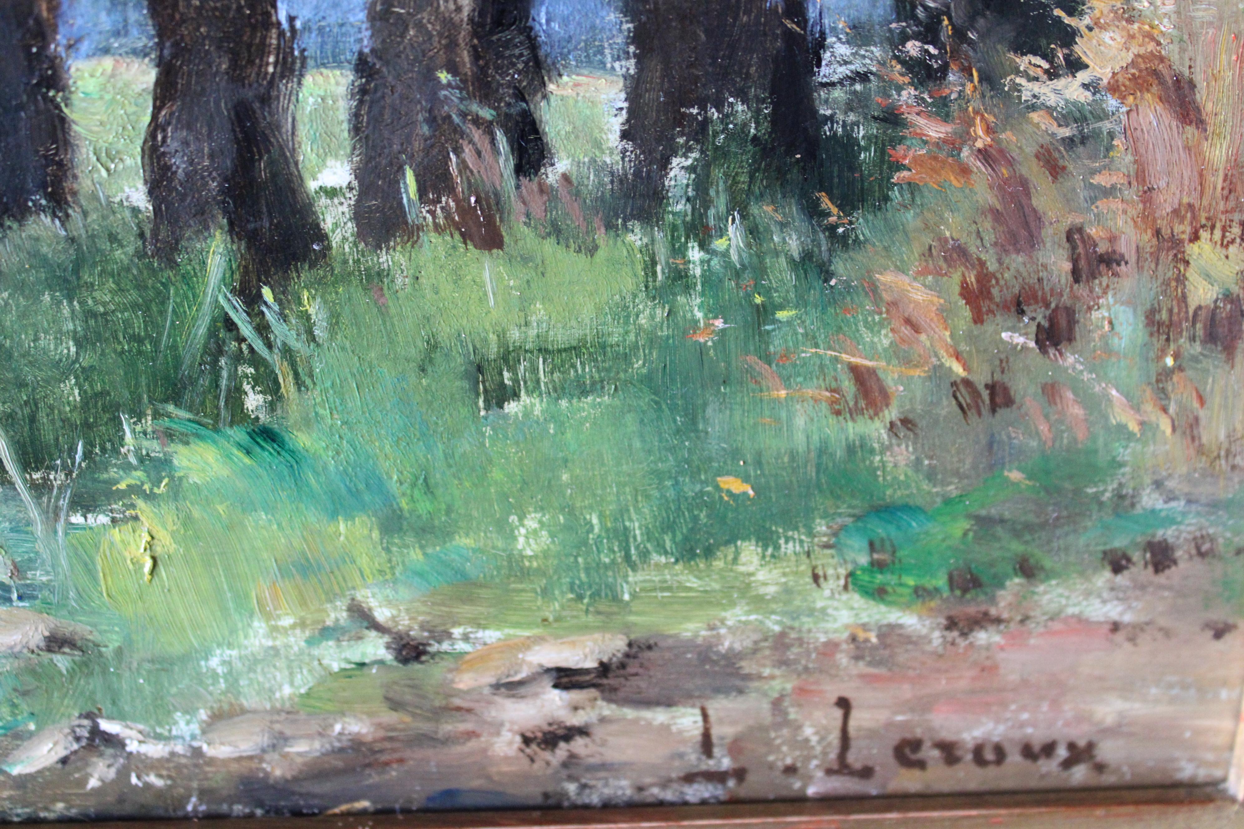 Antique French landscape oil painting of cows and woodland 19th Century 1
