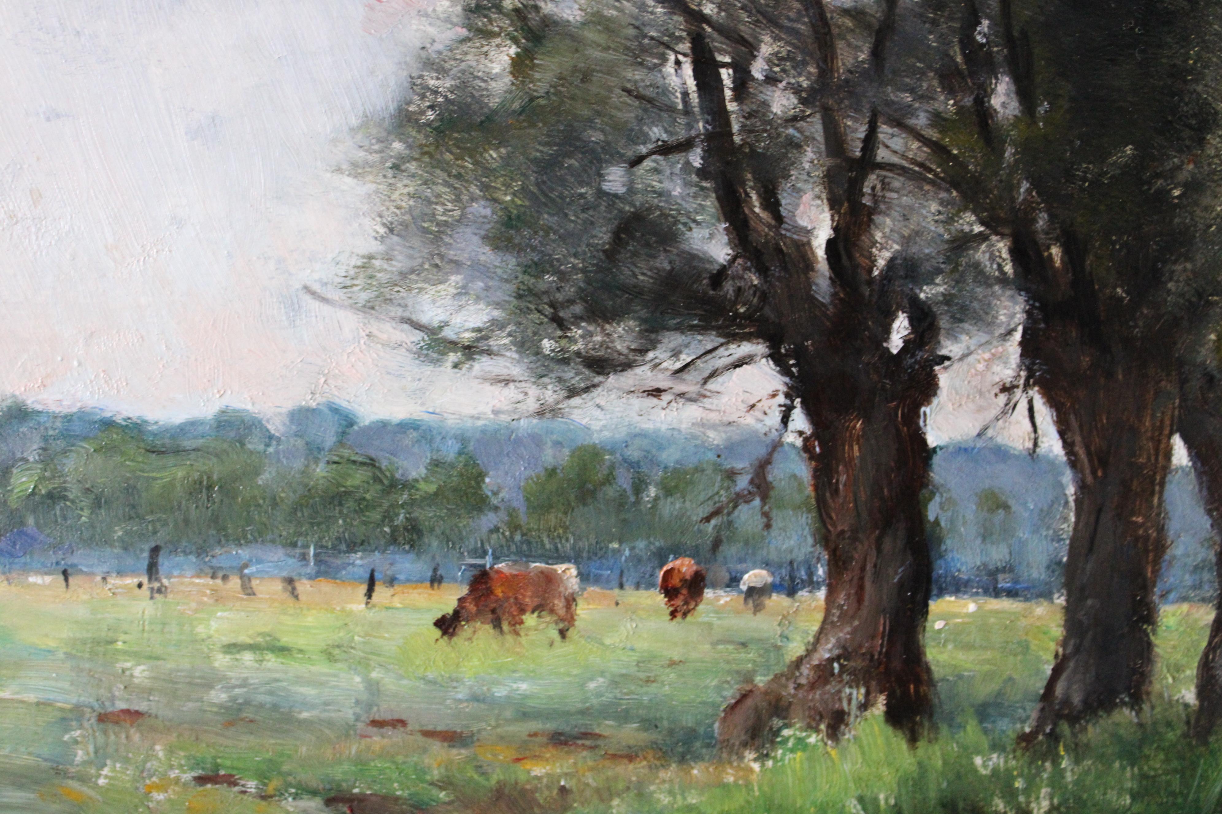 Antique French landscape oil painting of cows and woodland 19th Century 2