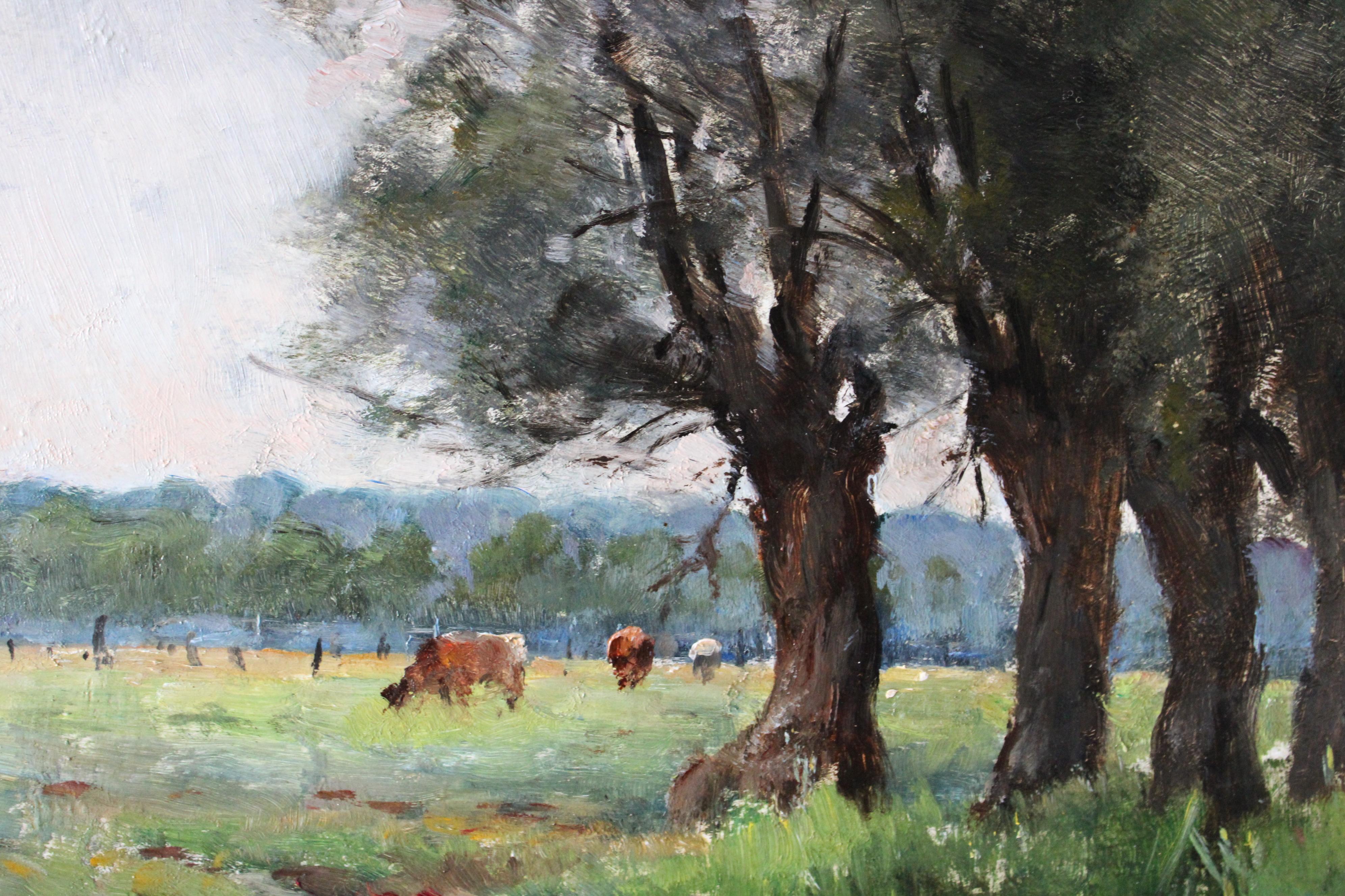 Antique French landscape oil painting of cows and woodland 19th Century 3