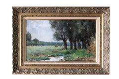 Antique French landscape oil painting of cows and woodland 19th Century