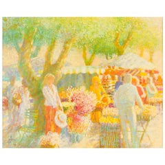 « Marché aux fleurs dans le parc », peinture à l'huile impressionniste française, encadrée, 1977