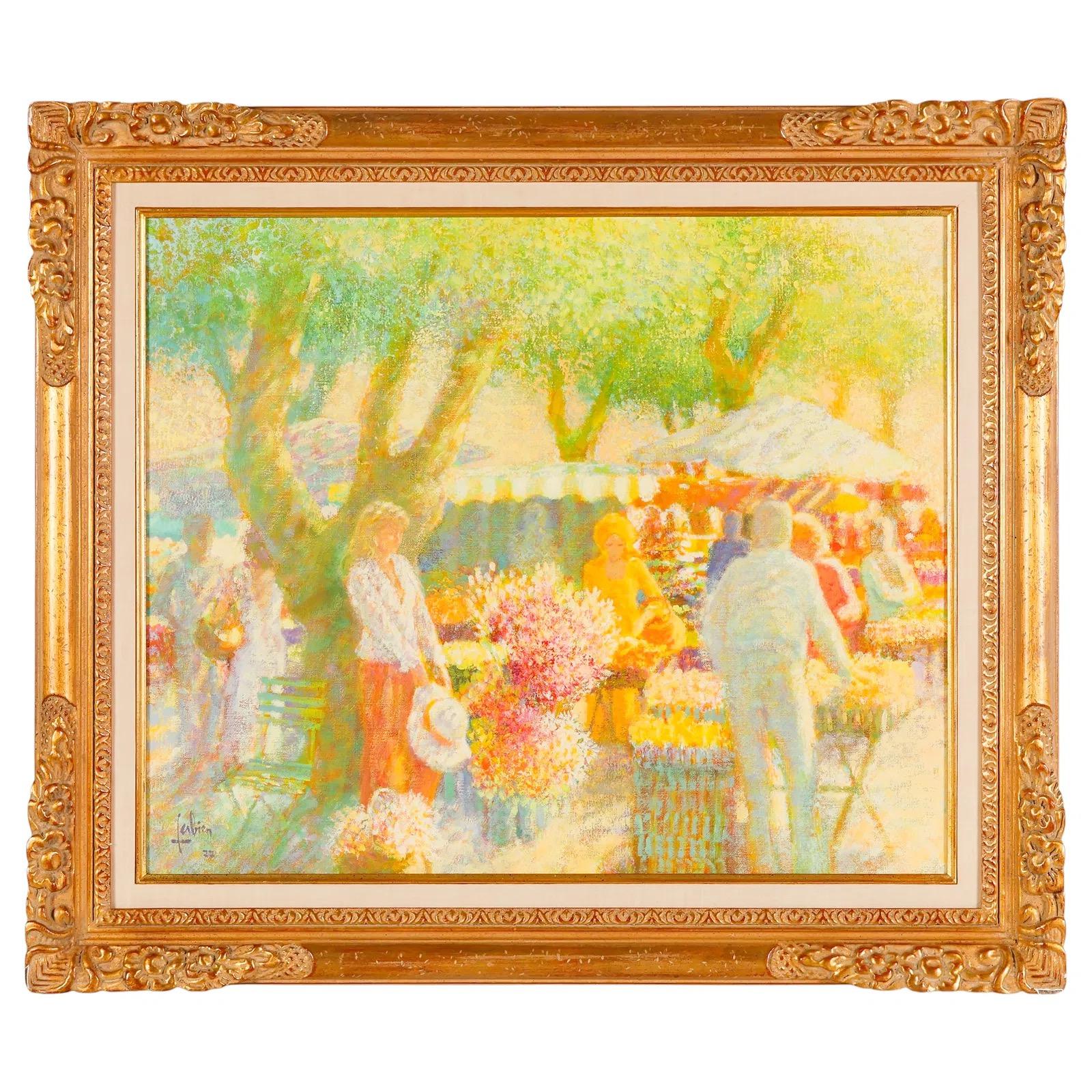 Louis Fabien Landscape Painting – Blumenmarkt im Park, impressionistisches französisches Ölgemälde, gerahmt, 1977