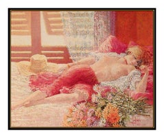 Louis Fabien Original Nude Female Portrait Painting Oil On Canvas Signed Artwork