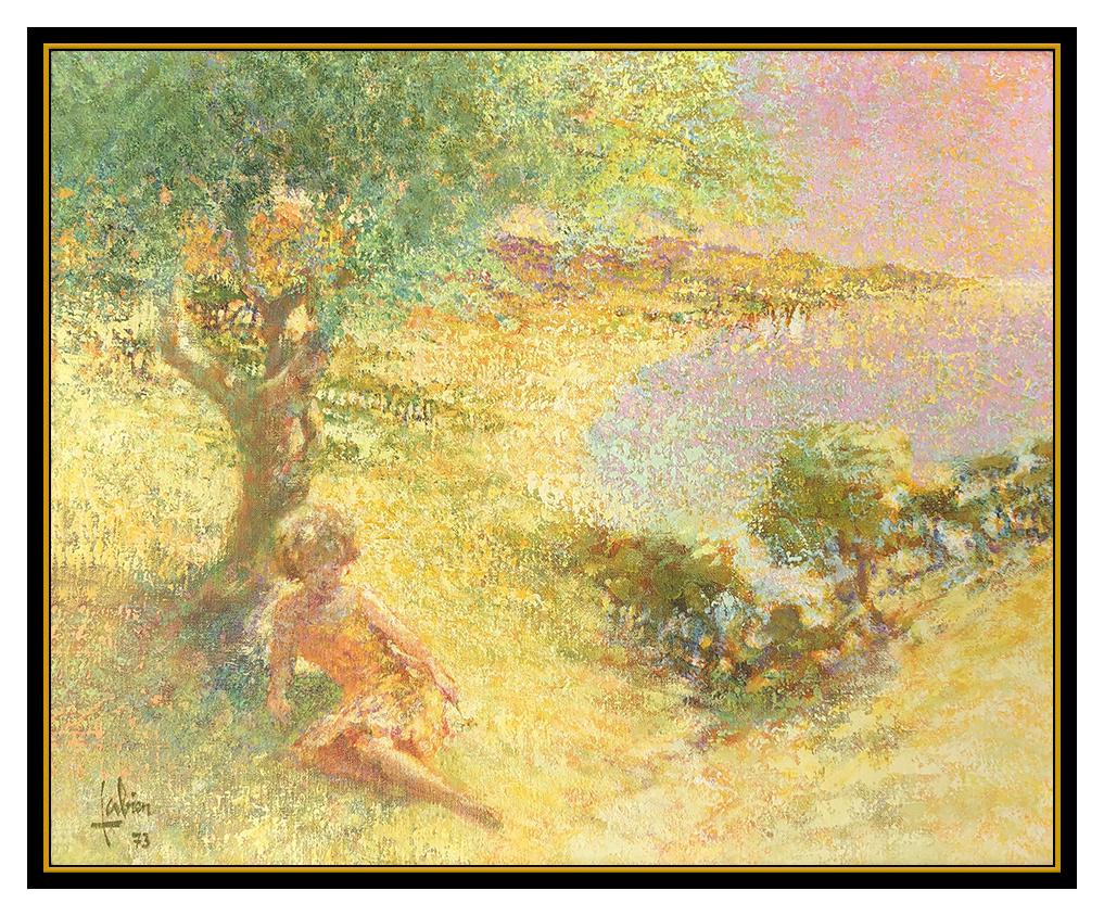 Originales Ölgemälde auf Leinwand, weibliche Porträt-Landschaft, signiert von Fabien – Painting von Louis Fabien